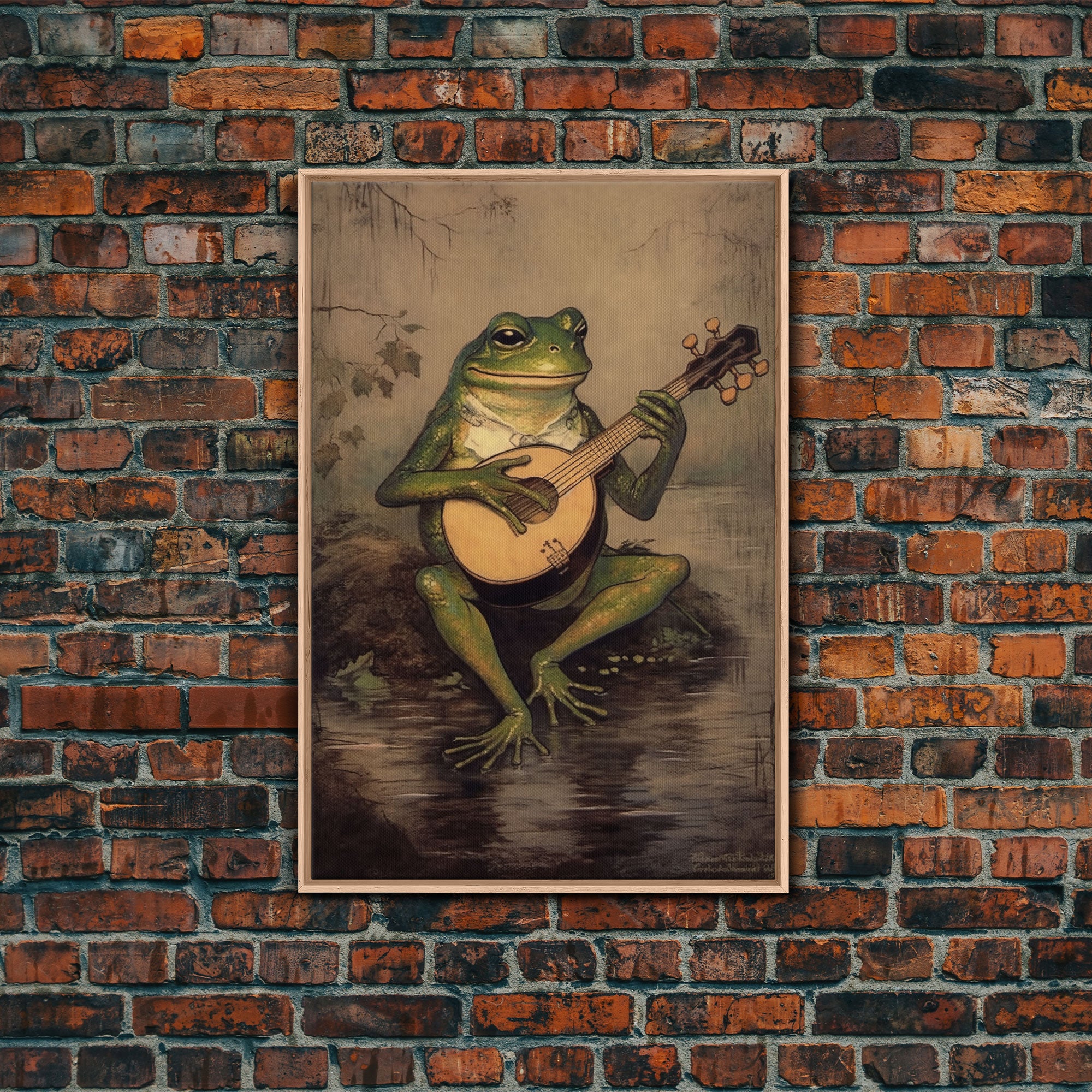 The Banjo Toad, Frog Playing A Banjo In The Moonlight, Vintage