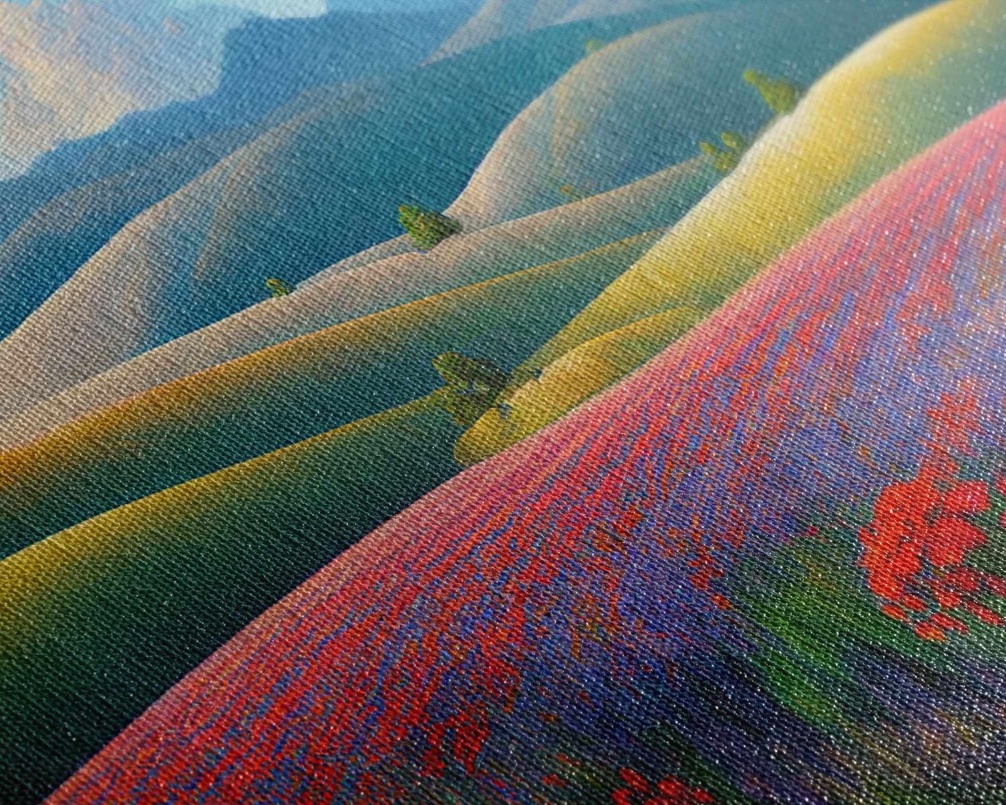 Beautiful Colorful Painting of a field of flowers, Wall Decor, Ready To Hang Framed Canvas Print, Oversize Wall Art
