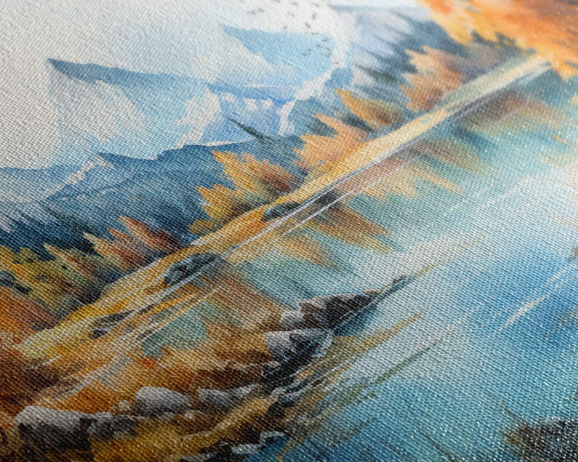 Panoramic Gold Brown Mountain Valley Watercolor Art Print On Canvas, Misty Rolling Hills Landscape Painting, Extra Large Wall Art