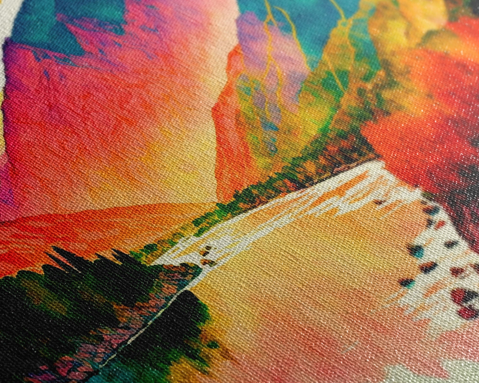 Colorful Abstract Watercolor Landscape, Framed Panoramic Canvas Print, Wide Art, Rainbow landscape painting, surrealist art