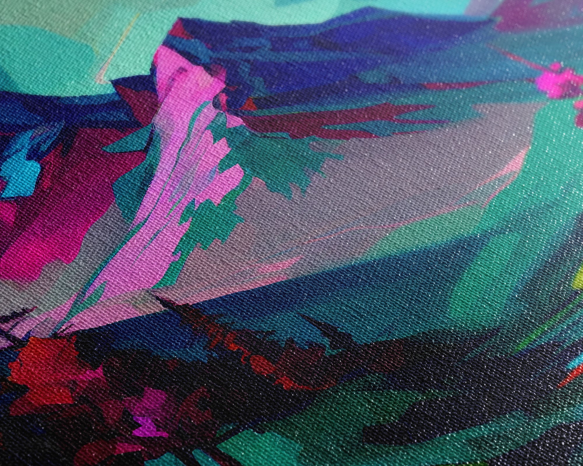 Vibrant Vaporwave Mountain Watercolor Wall Art Canvas Print - Colorful Nature Scene Artwork