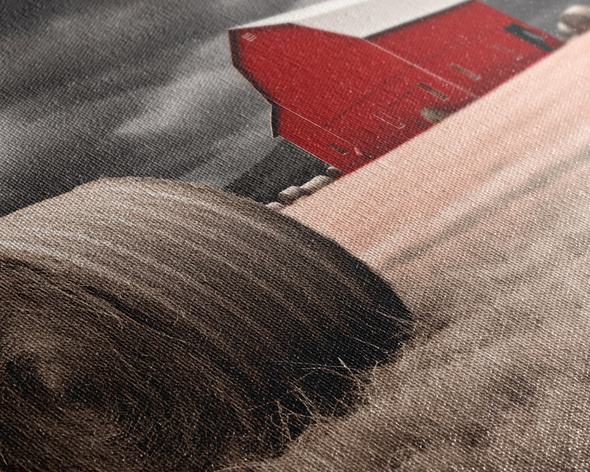 Liminal Spaces, Red Barn Under A Storm Canvas Print, Rustic / Minimalist Cottagecore Wall Art, Framed Canvas Print, Hay Bale Art