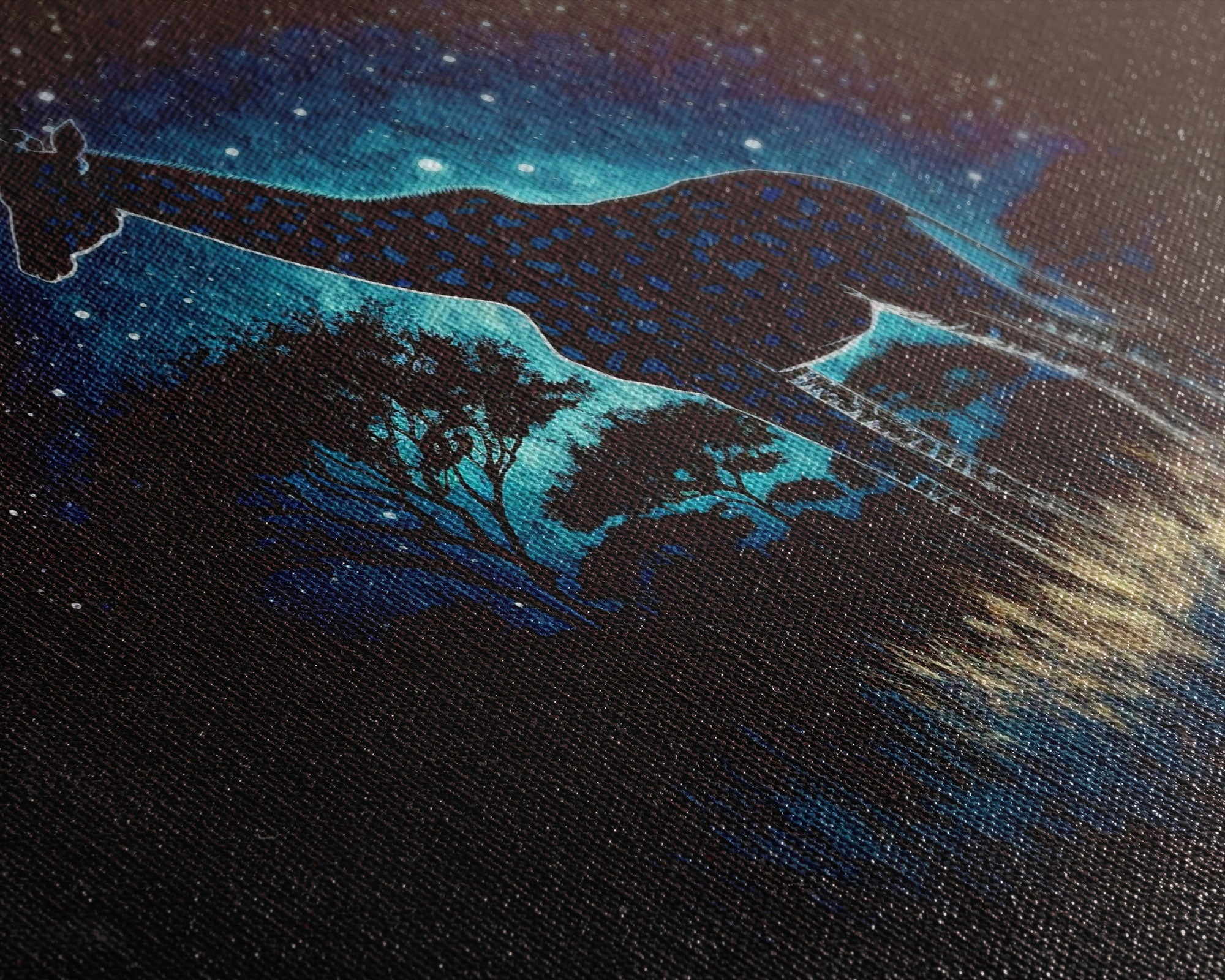 Starry Night over Africa, Giraffe Print, Framed Canvas Art, Galaxy Night Sky, Mancave decor