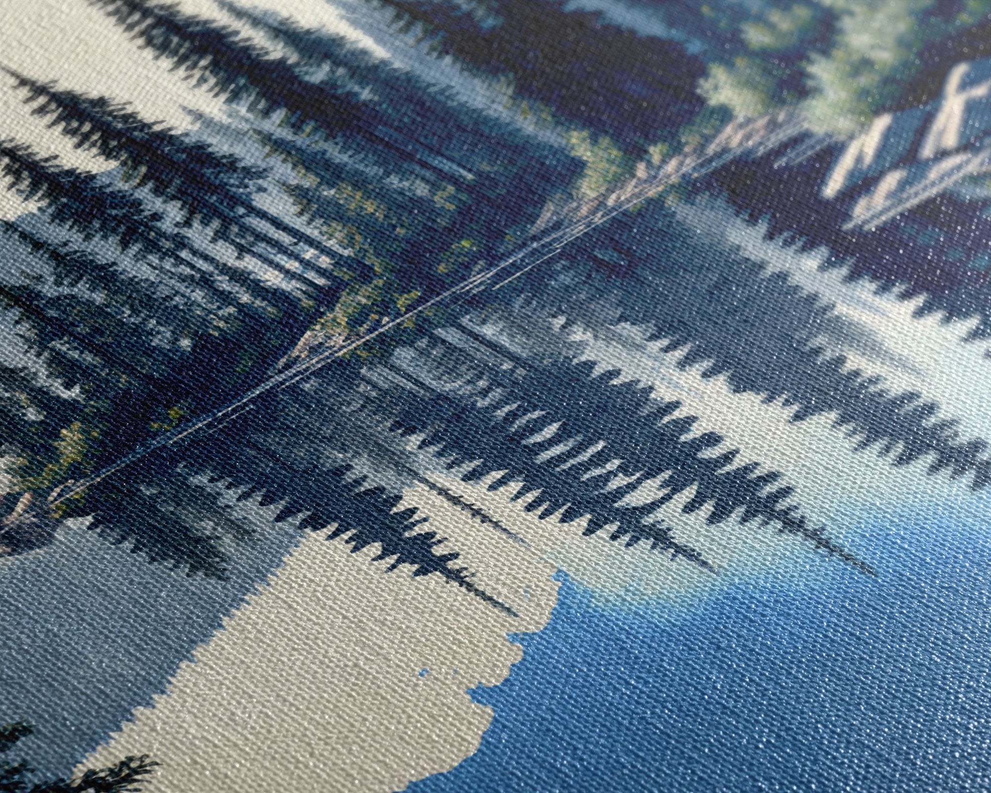 Washington State Pine Tree Forest and Lake Reflection, Framed Canvas print, watercolor painting print, unique living room wall art