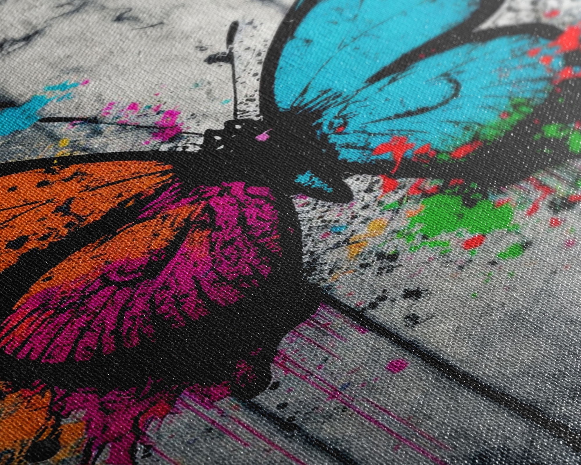 Graffiti Butterfly Art, Framed Canvas Print, Large Wall Art, Contemporary Punk Art, Butterflies, Pop Art, Paint Splatter Art