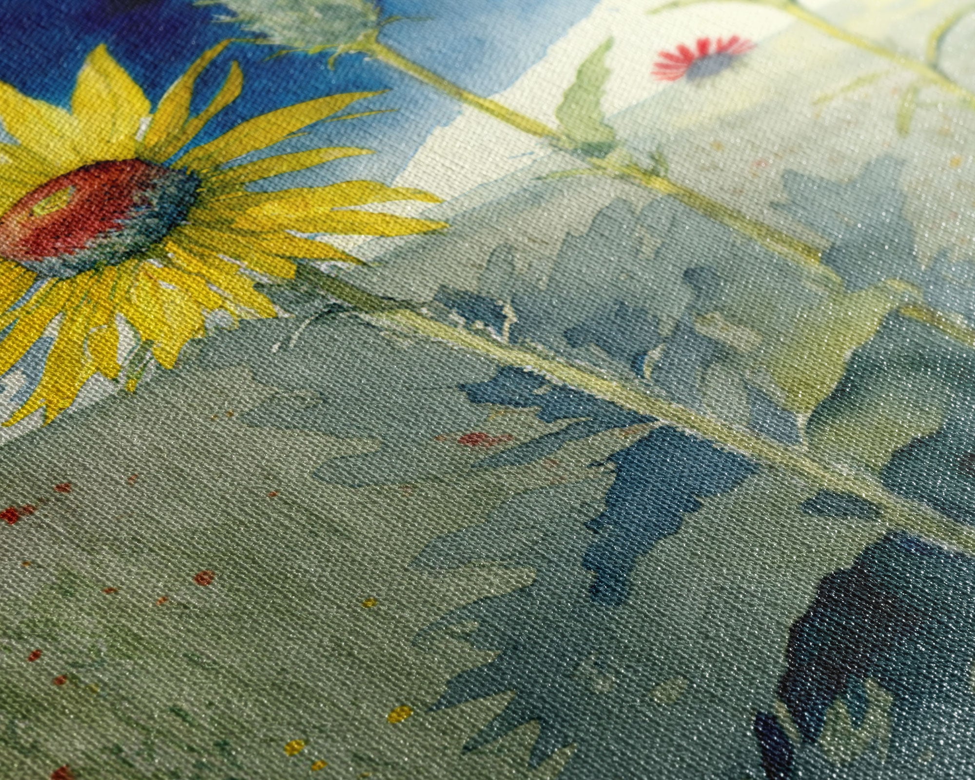 Watercolor Painting Print of a Sunflower and Wildflowers, Framed Canvas Art, Framed Print, Living Room Wall Decor