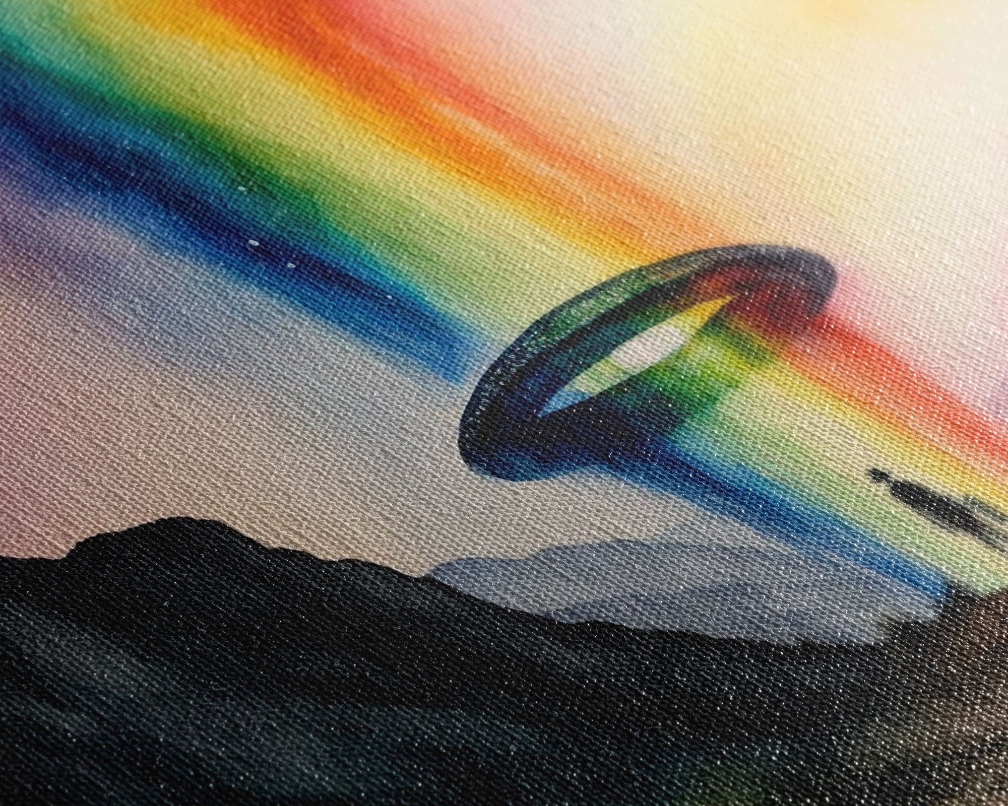 The Abduction, Rainbow UFO Art, Watercolor, Framed Canvas Print, Science Fiction Wall Decor