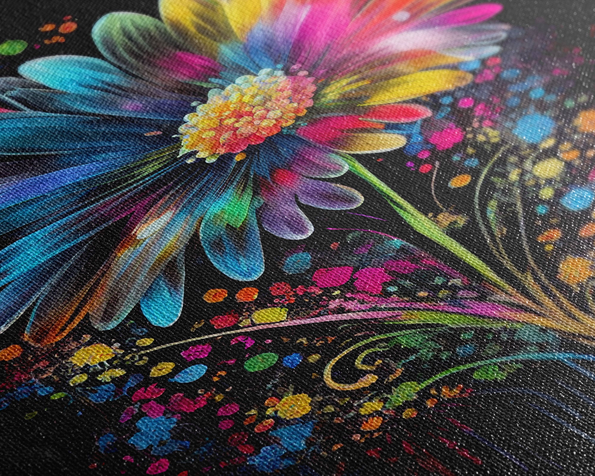 Neon Graffiti Flowers, Framed Canvas Print, Original Painting, Huge Wall Art, Large Format Living Room Art