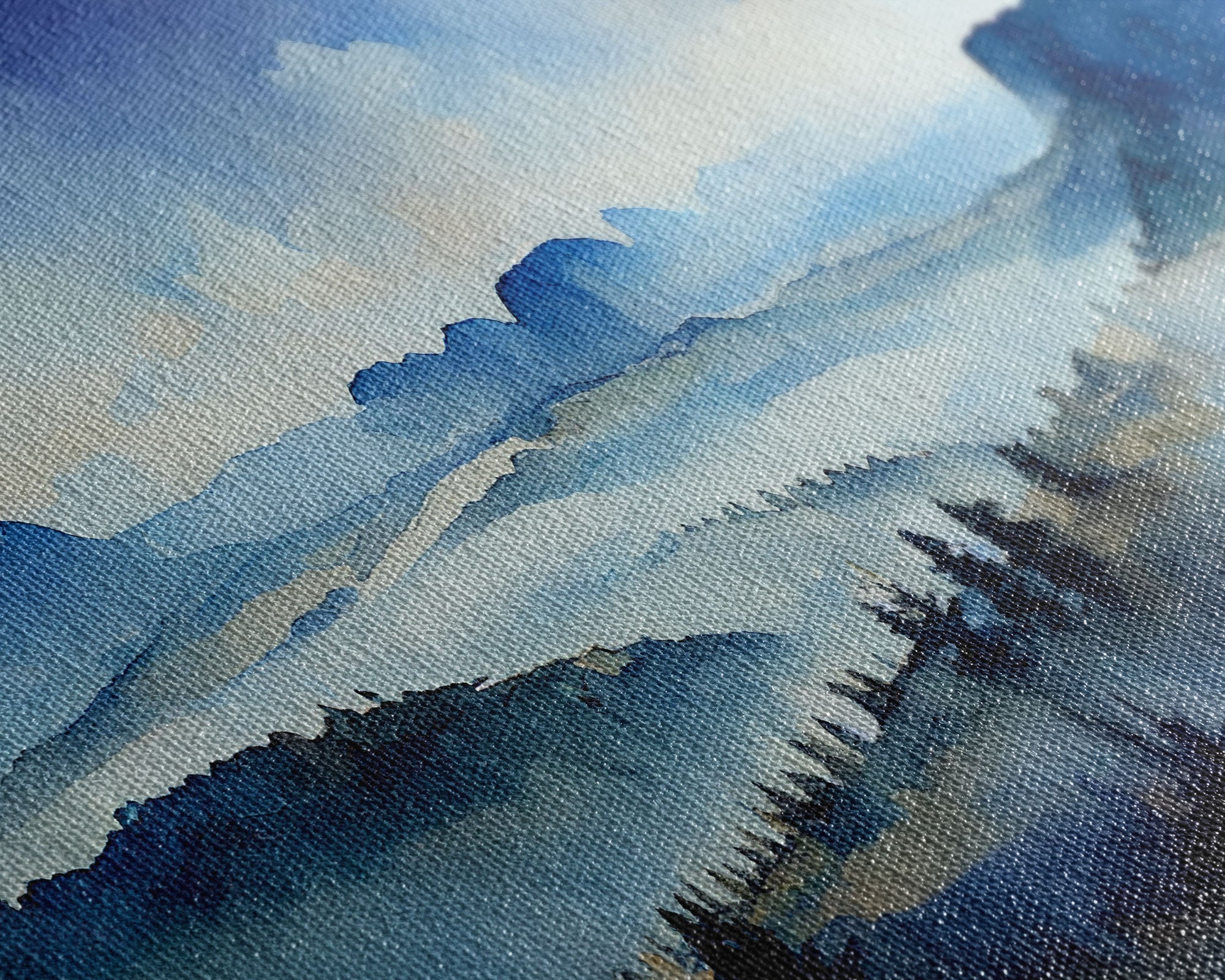 Watercolor Panoramic Canvas Print, Valley Trees and Mountain Landscape Art, Cool Living Room Art, farmhouse decor, guest room art