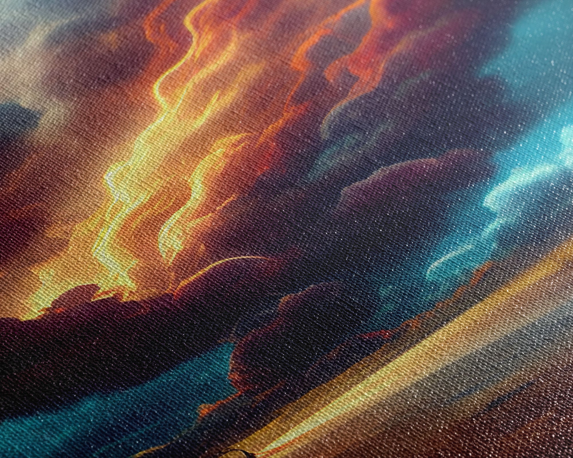 Watercolor painting canvas print of a thunder storm, gloomy wall art, golden hour, cool rain storm wall art