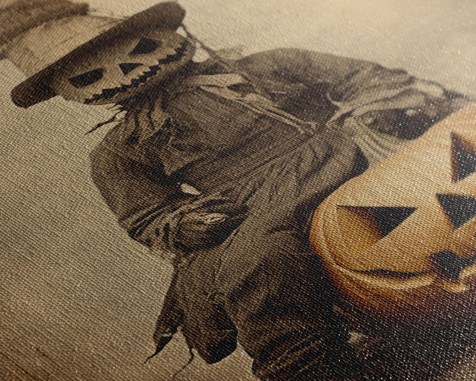 Spooky Halloween Art, The Scarecrow and the Jack O' Lantern, Framed Canvas Print, Halloween Canvas, Spooky Decor, Cottagecore Spooky Art