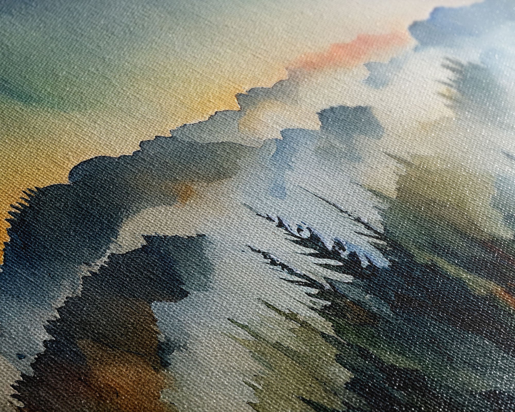 Beautiful Watercolor Landscape, Ready To Hang Canvas Print, Panoramic Art, Above Sofa Wall Art