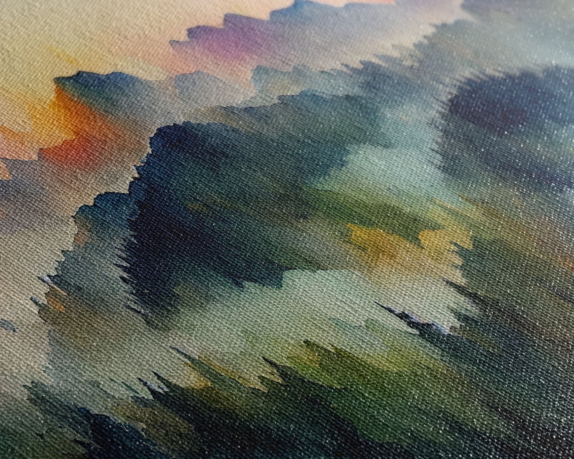 Dramatic Watercolor Sunset Landscape, Ready To Hang Canvas Print, Panoramic, Emerald Green Landscape Wall Decor