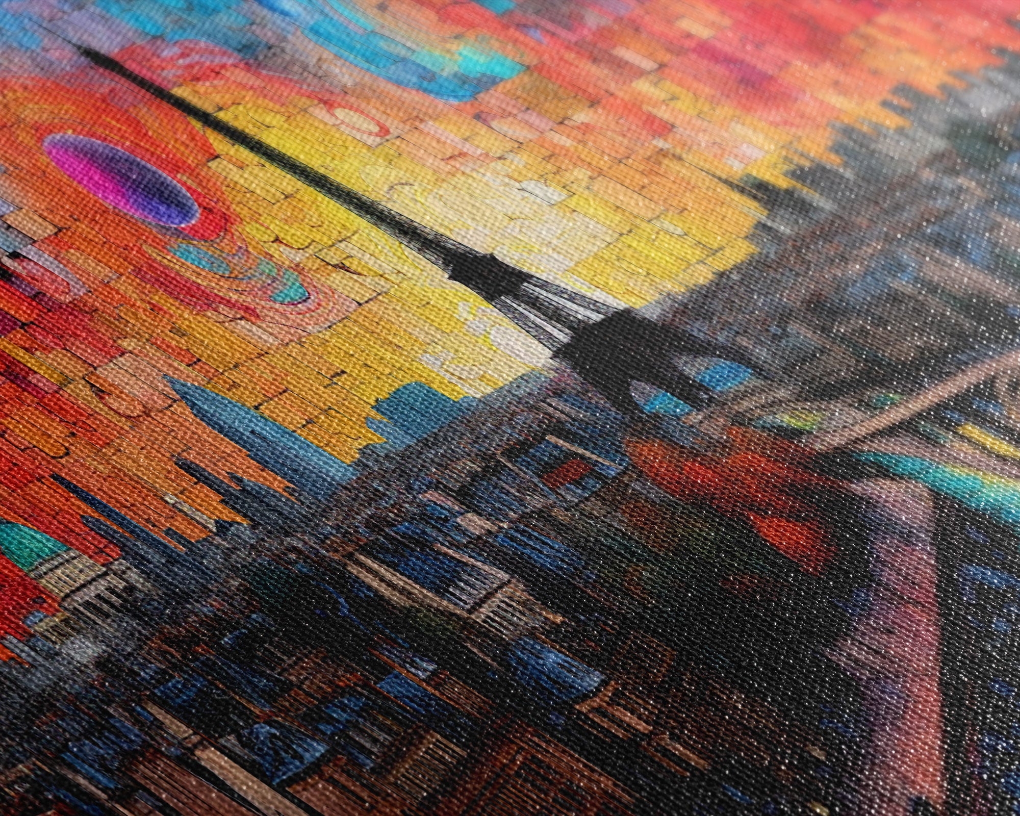 Jigsaw Abstract Paris France Panoramic Framed Canvas Print, Van Gogh Inspired Original Painting, Colorful Wall Art