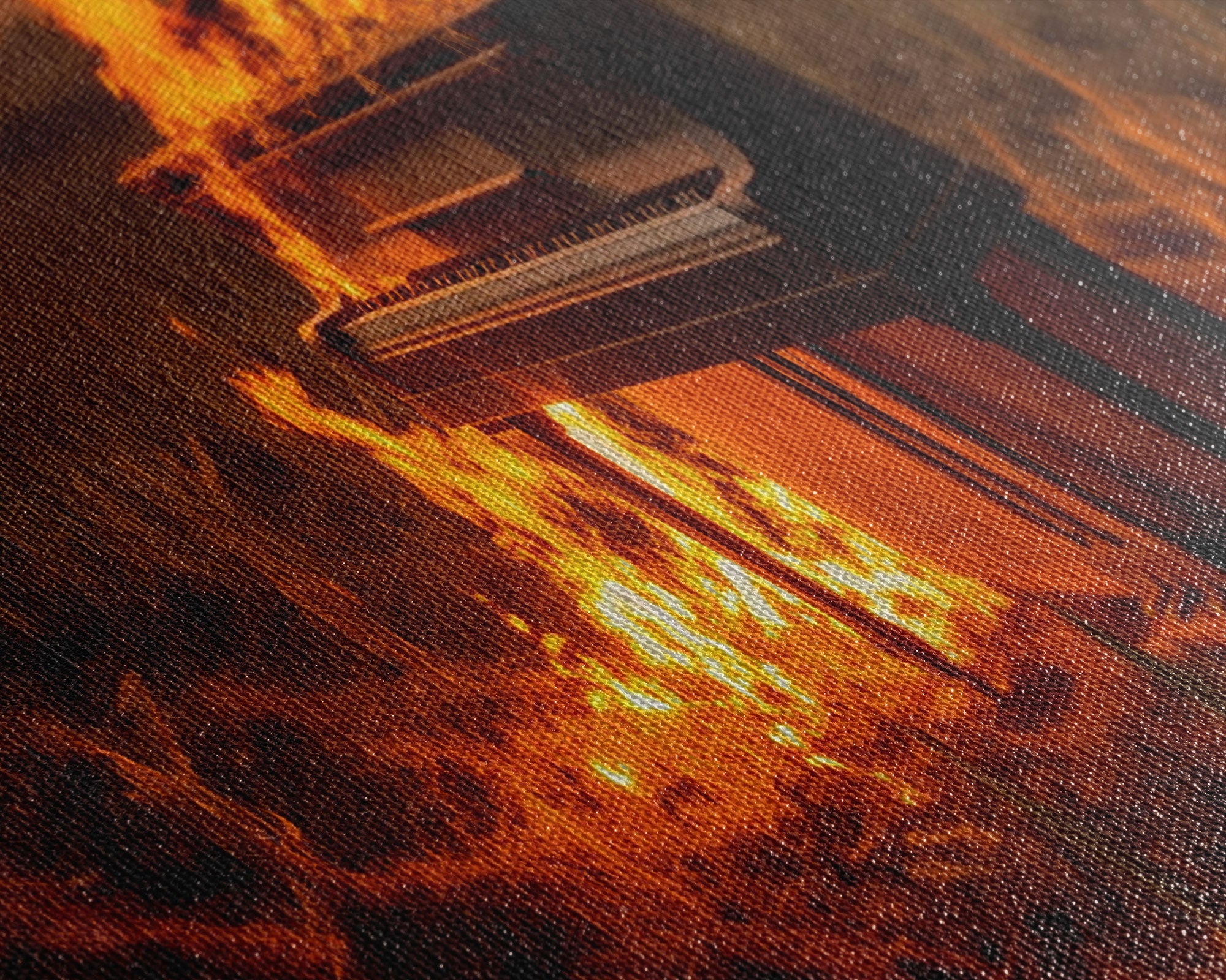 Urban Decay, Street Punk Art, Framed Canvas Print, Burning Grand Piano In A Field at Sunset, Dystopian Decor
