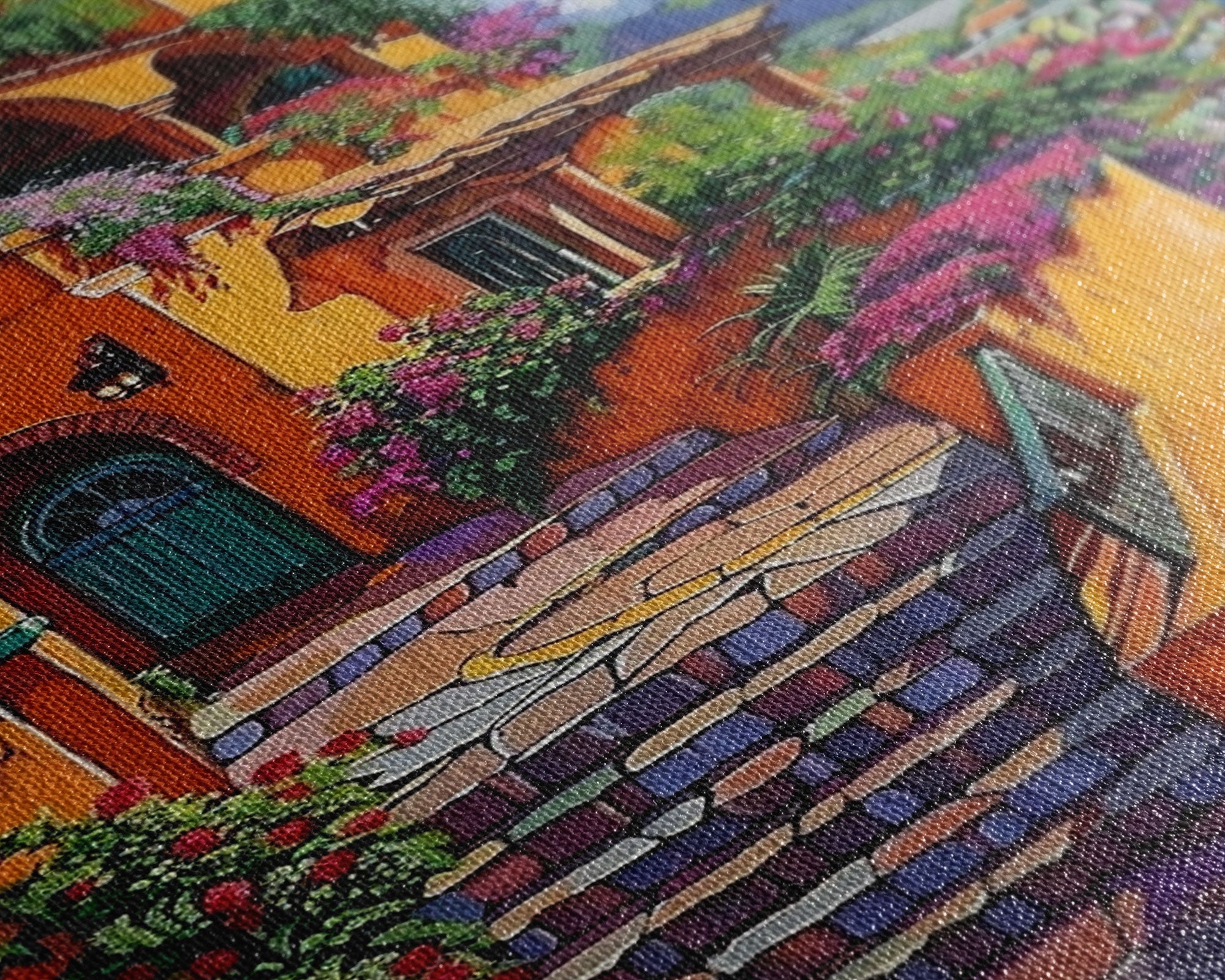 Framed Canvas Print Tall Art Mexican Style Scenic Steps Lined With Colorful Flowers And Architecture