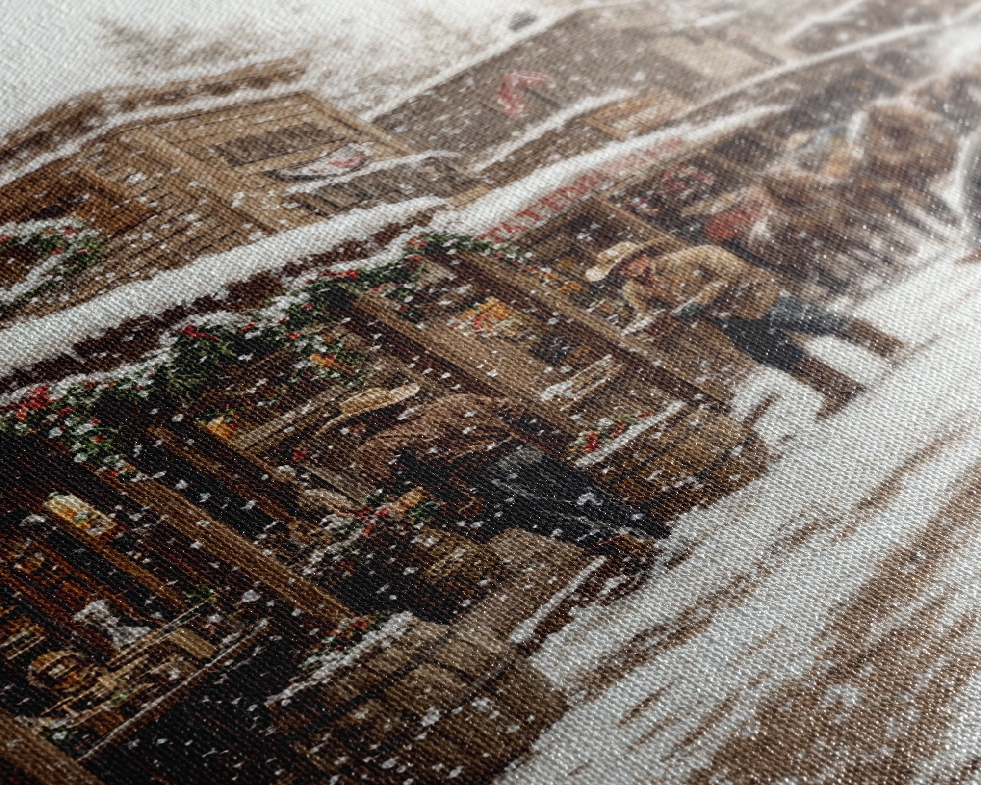 Nostalgic Cowboy Christmas Scene Framed Canvas Print Tall Art With Snowy Western Town, Rustic Wall Art Vintage Christmas Home Decor