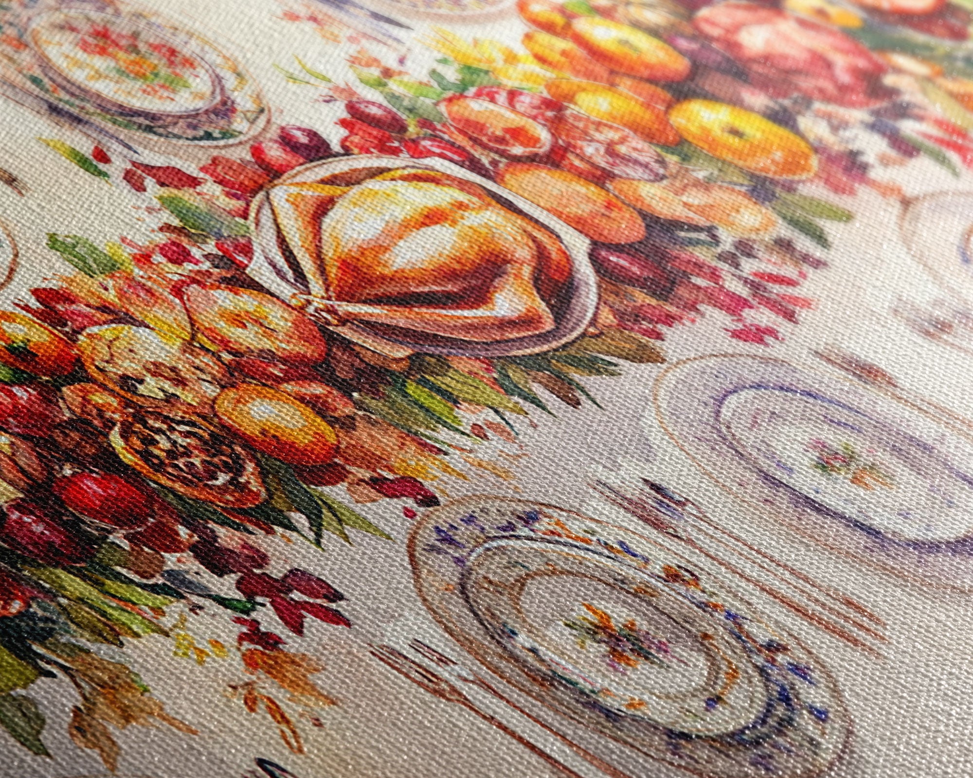 Festive Thanksgiving dinner table setting with colorful centerpiece, framed canvas print perfect autumn holiday decor wall art