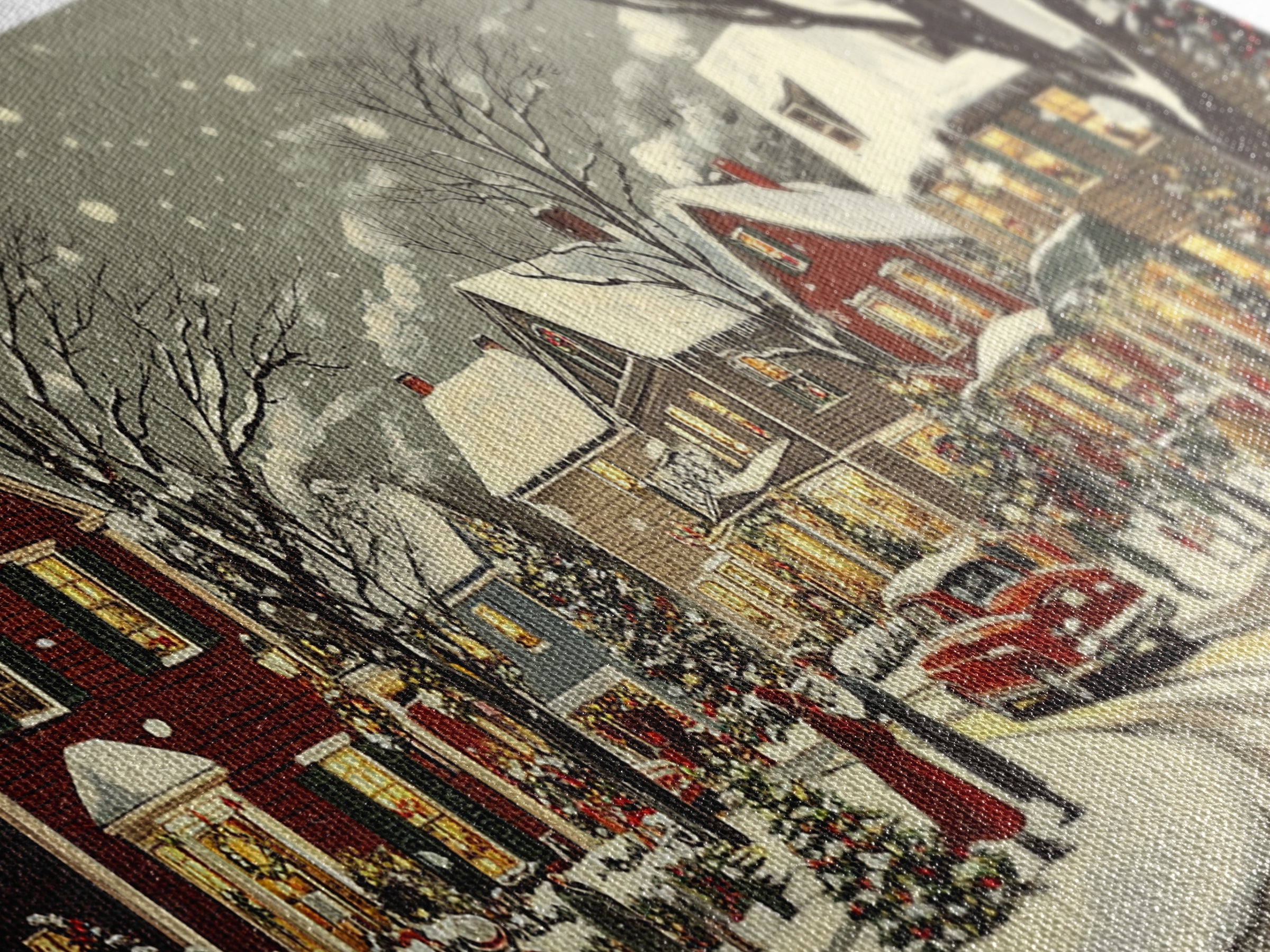 1950s Christmas Village Oil Painting on Canvas Print, Christmas home Decor, Christmas Painting, Christmas Wall Art