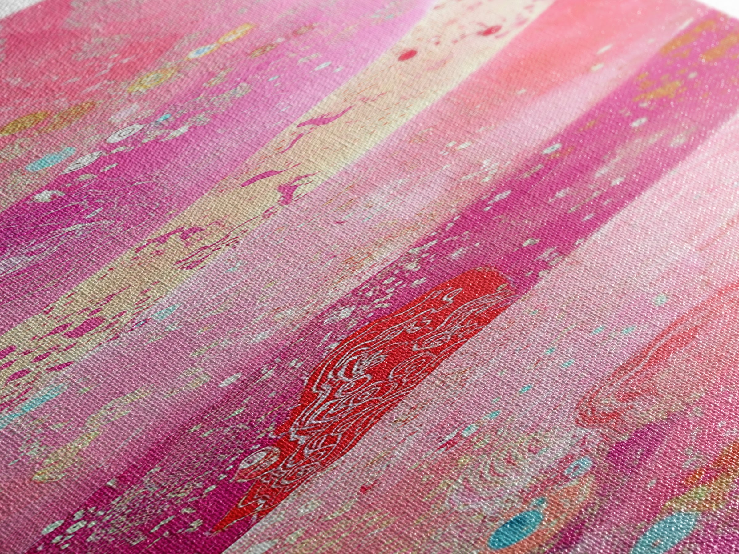 Pink and Gold Abstract Canvas Print, Whimsical Blotter Art with Metallic Accents, Vibrant Vertical Art for Bright and Creative Spaces