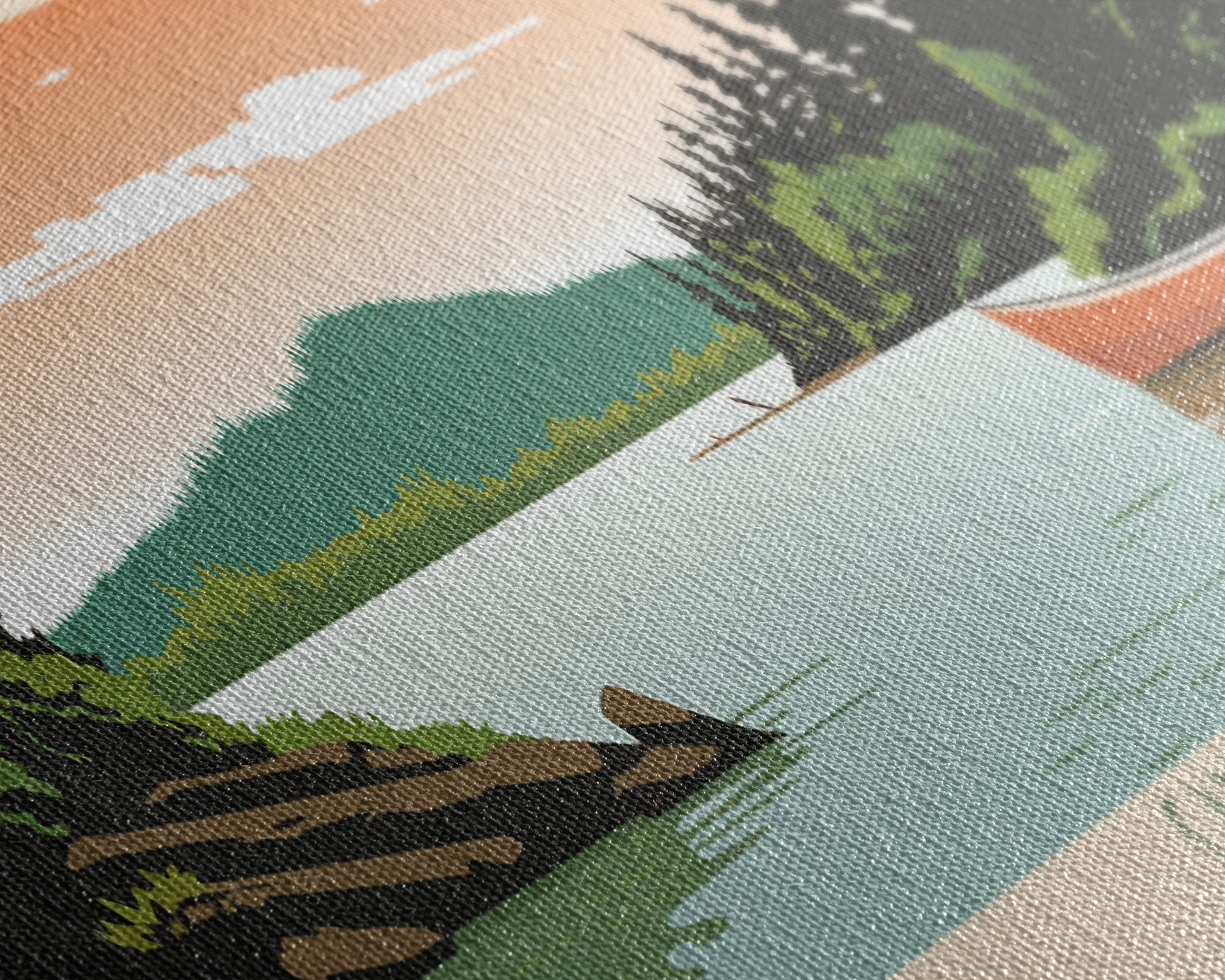 Canoe Lake Saskatchewan Framed Canvas Print, Midcentury Modern Panoramic Wall Art, Living Room Decor, Pop Art, Travel Poster Art, Scenic Nature Painting
