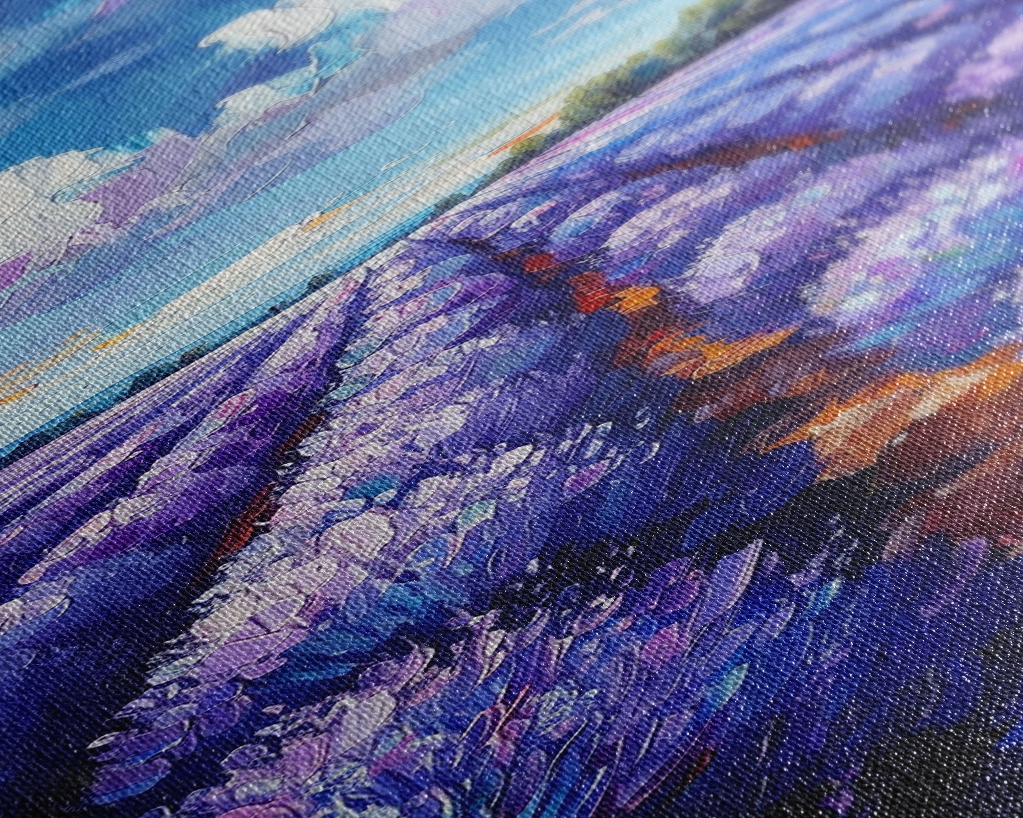 Expansive Lavender Fields Under a Bright Sky, Skinny and Tall Art, Bold Framed Canvas Print, Landscape Wall Art