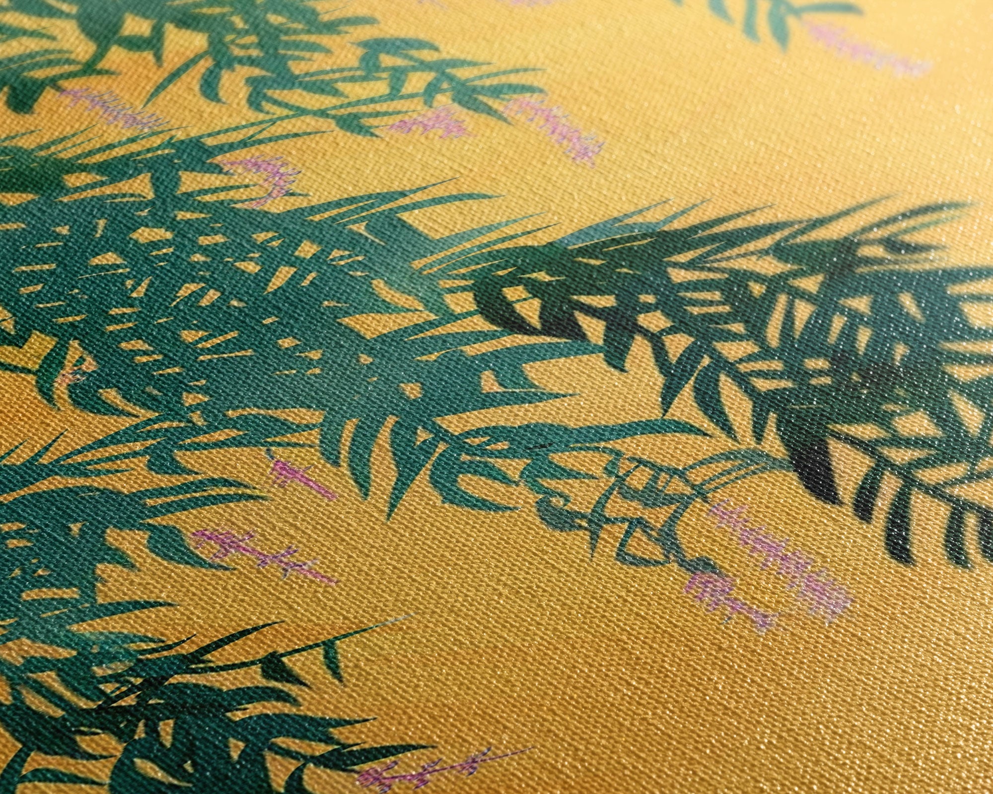 Japanese Skinny Art of Wisteria Hanging Over a Golden Background – Framed Canvas Print