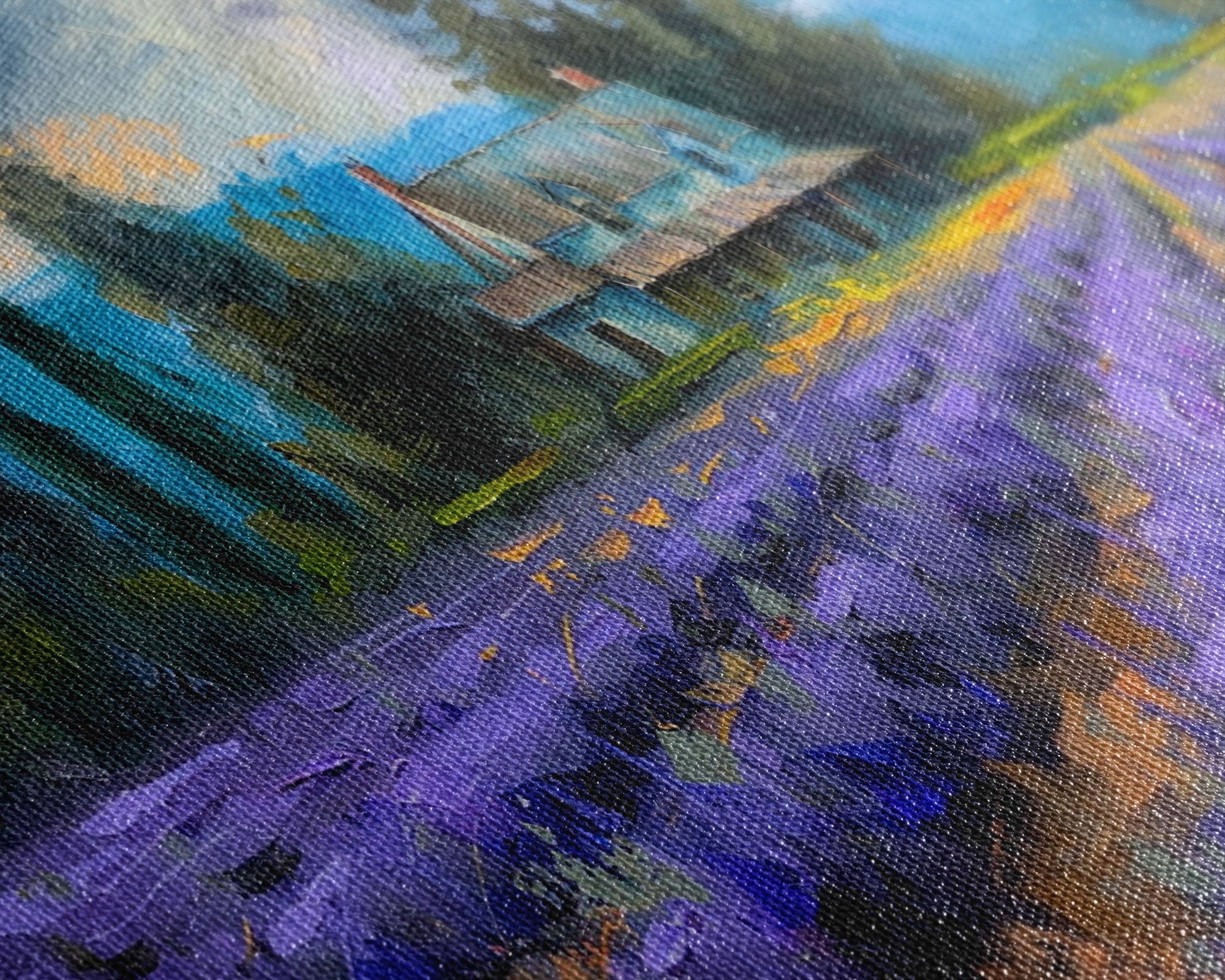 Lavender Field with Cottage, Impressionist Style, Framed Canvas Print, Farmhouse Decor, Cottagecore Art, Pastel Wall Art