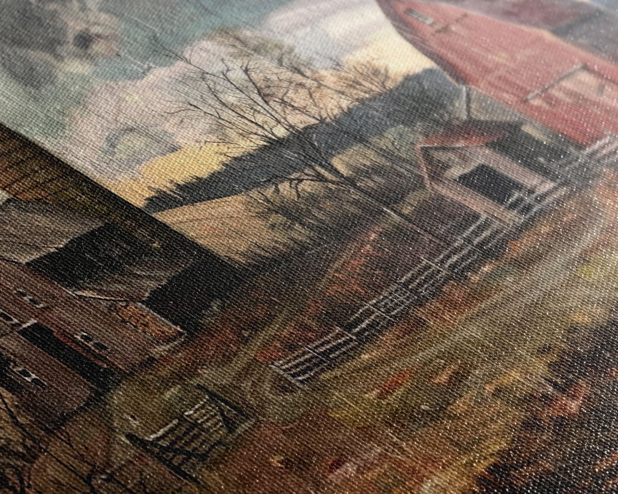 Vintage Farm Scene with Silos, Framed Canvas Print, Rustic Wall Art, Living Room Decor, Farmhouse Style, Country Home Art