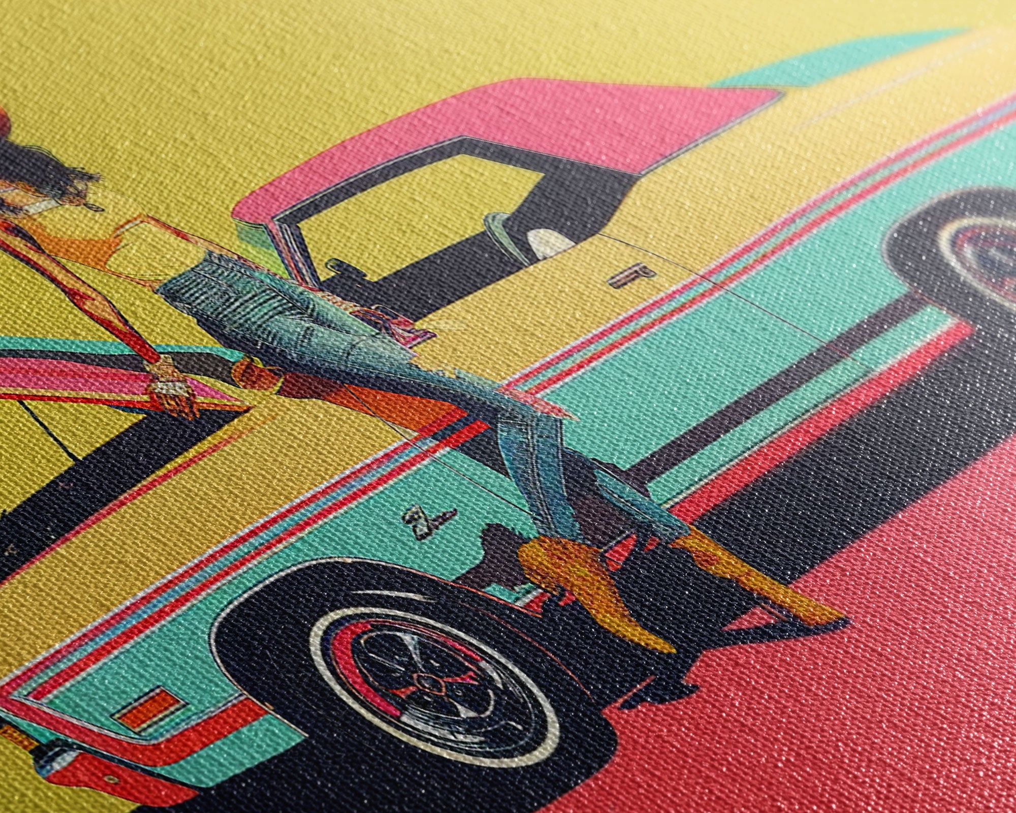 Colorful Pop Art Cowgirl with Classic Car, Framed Canvas Print for Living Room, Bright Bedroom Wall Art, Unique Home Decor