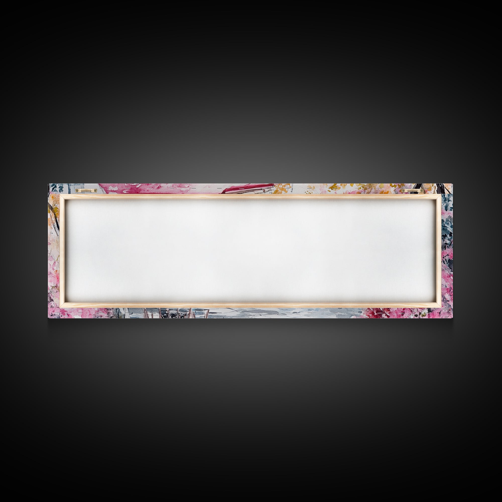 Parisian Cafe Cherry Blossom Painting Framed Canvas Print Extra Wide Art Horizontal Wall Art Rustic Above Sofa Decor
