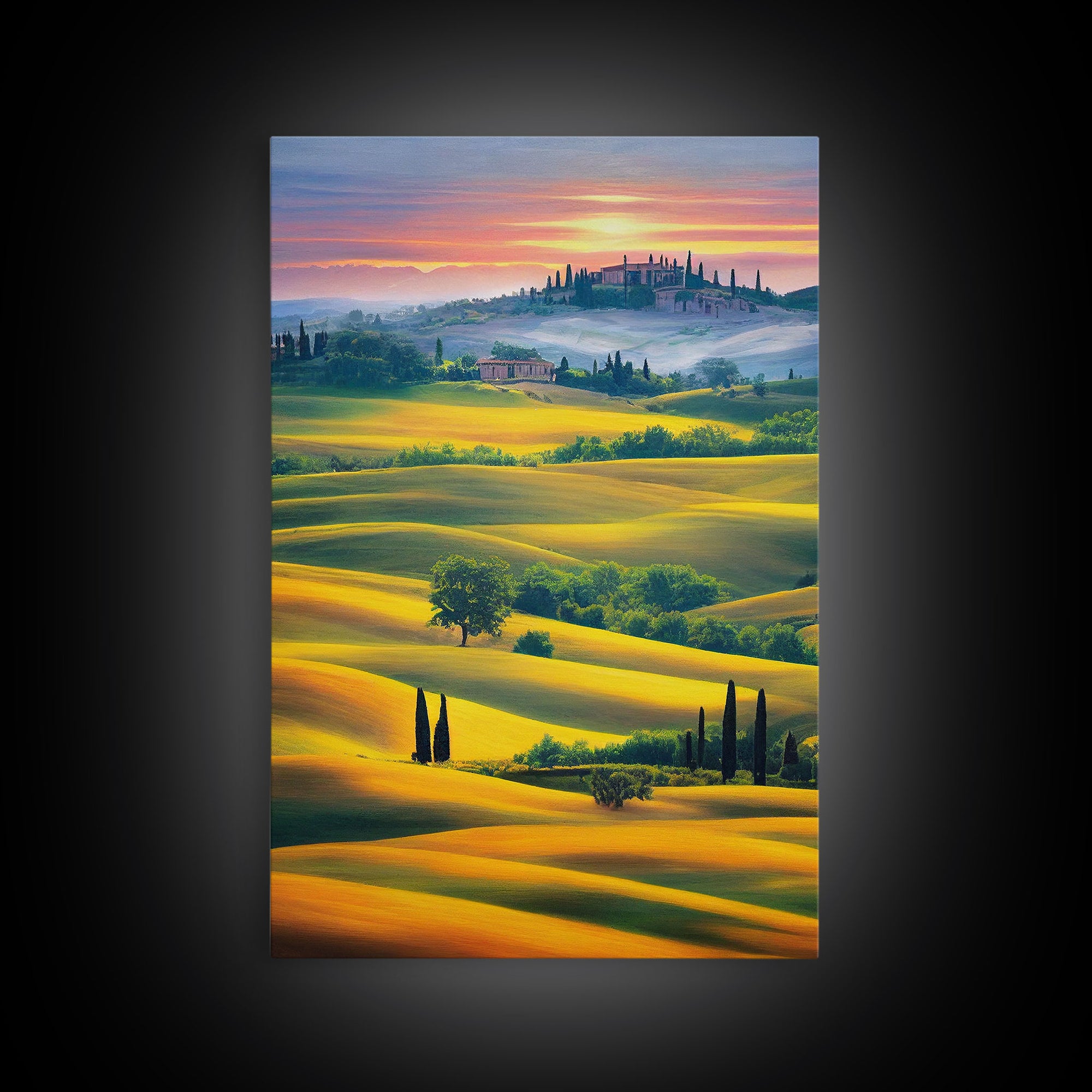 Italian Countryside at Sunset, Italy Art, Framed Canvas Print, Ready To Hang Framed Wall Art, Living Room Wall Hanging