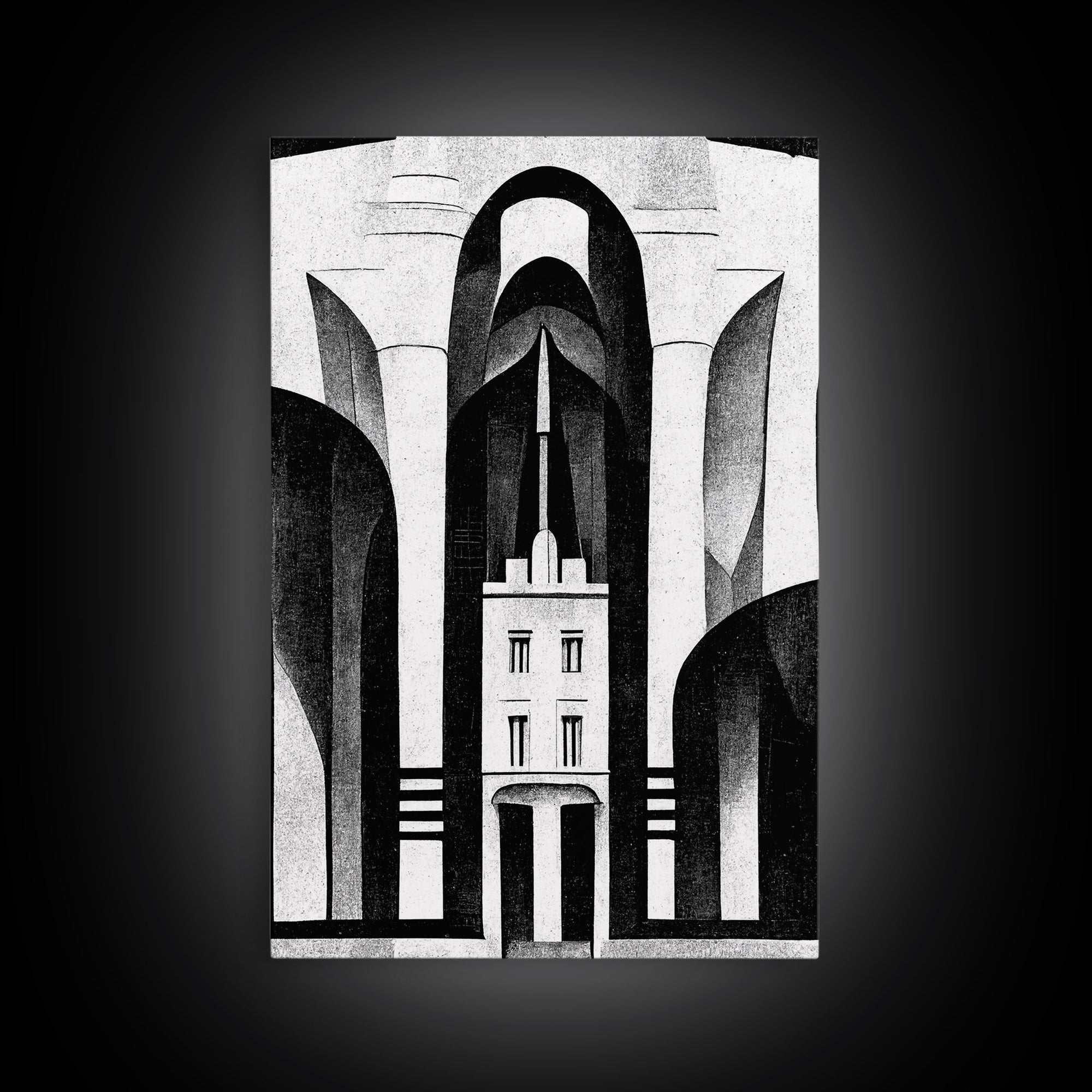 Art Deco Black And White Art Print, Art Deco Architecture, Framed Canvas Print, Ready To Hang Framed Wall Art, Living Room Wall Hanging