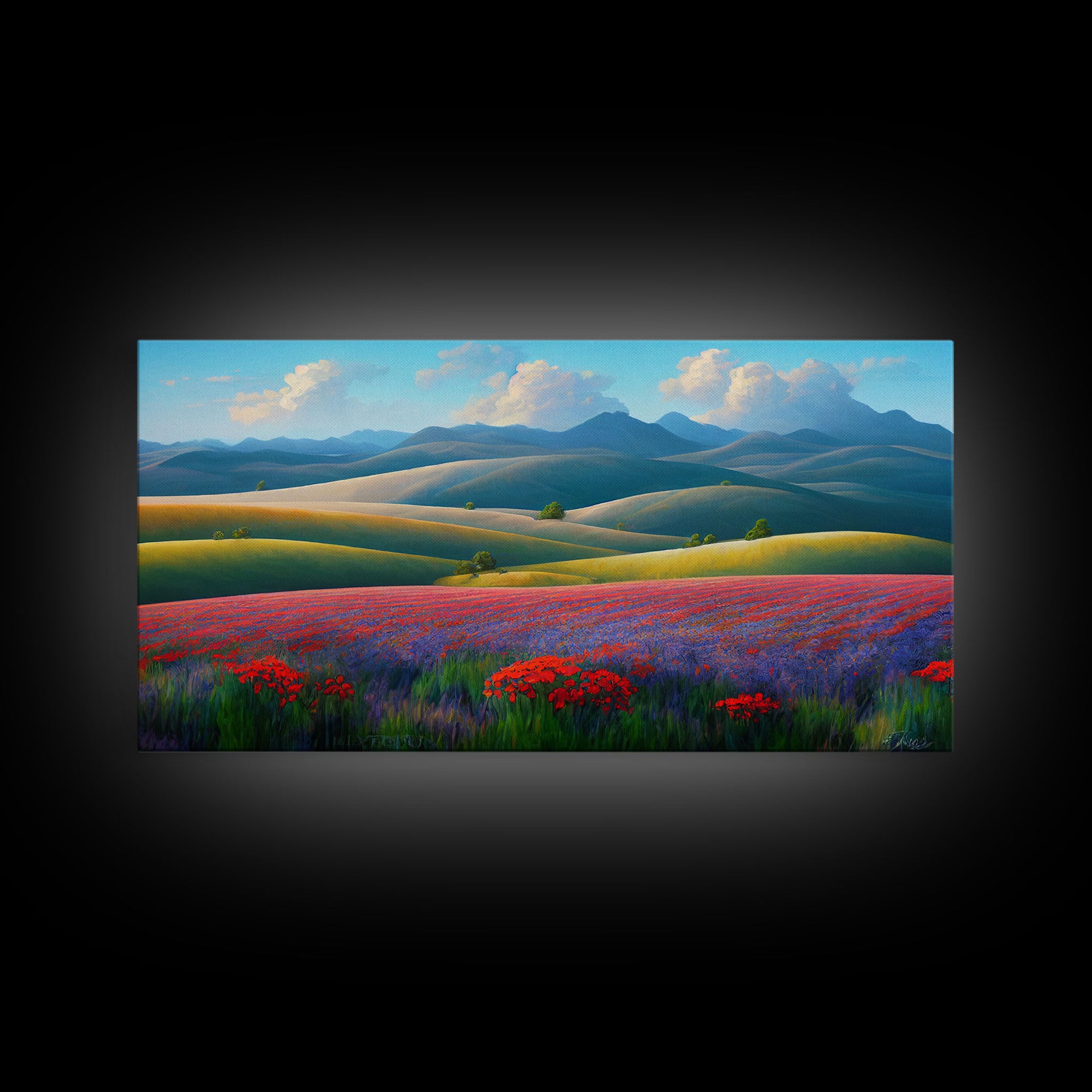 Beautiful Colorful Painting of a field of flowers, Wall Decor, Ready To Hang Framed Canvas Print, Oversize Wall Art