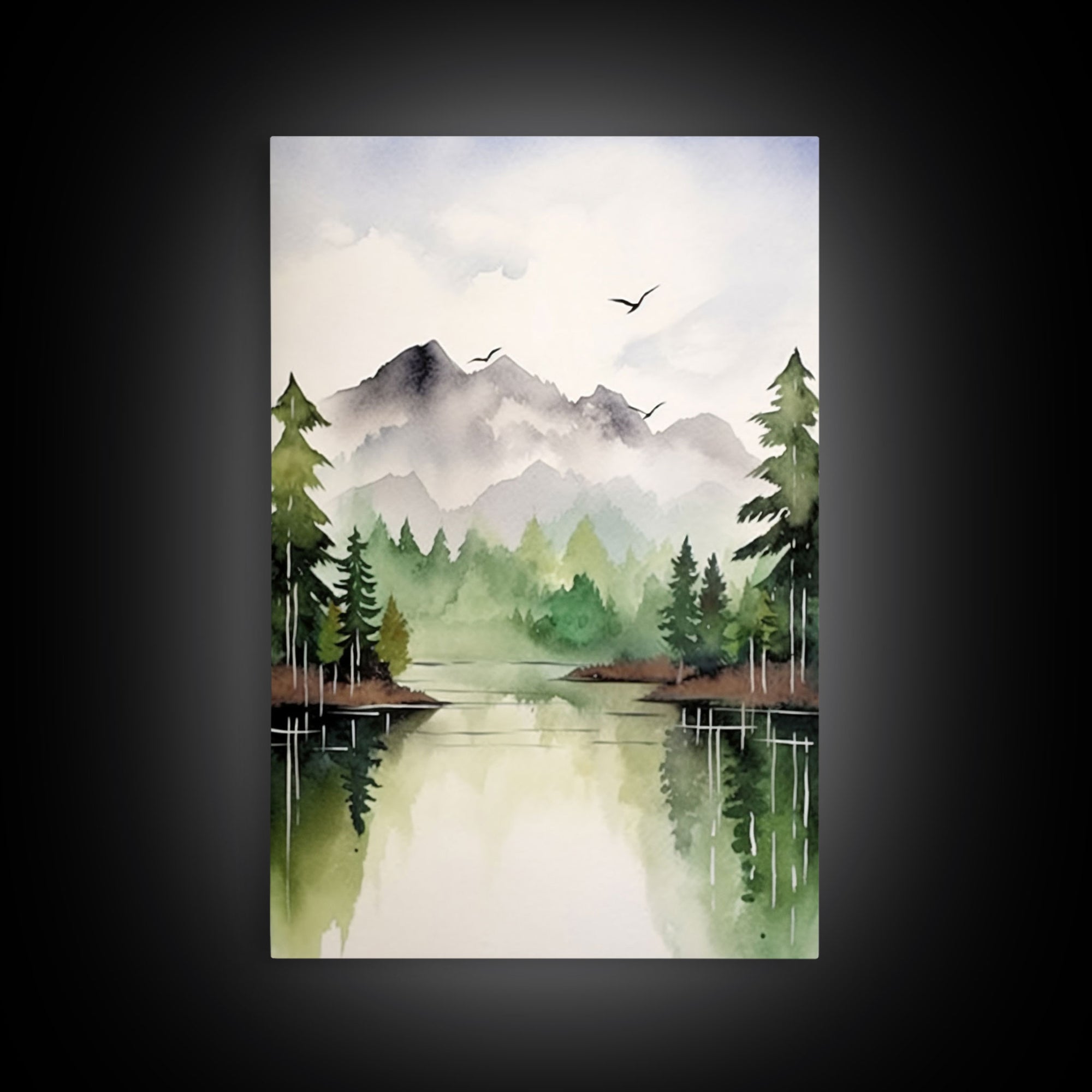 Green Forest Watercolor Framed Canvas Wall Art Set, Green Forest Lake Vintage Landscape Prints Rustic Farmhouse 3 Piece Wall Decor