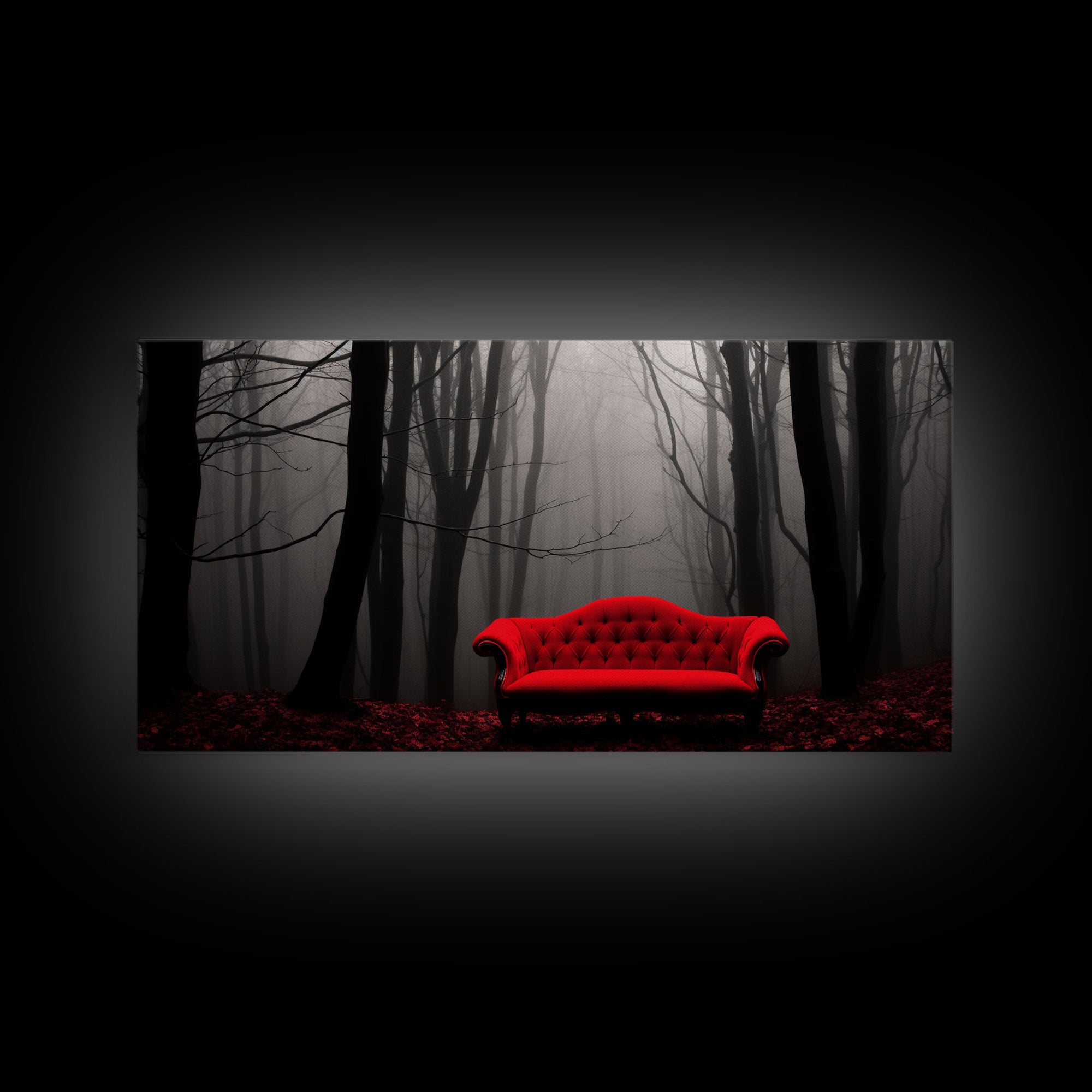 Red Sofa In A Forest Framed Canvas Print, Thought Provoking Art, Framed Art, Creepy Photography, Halloween Art