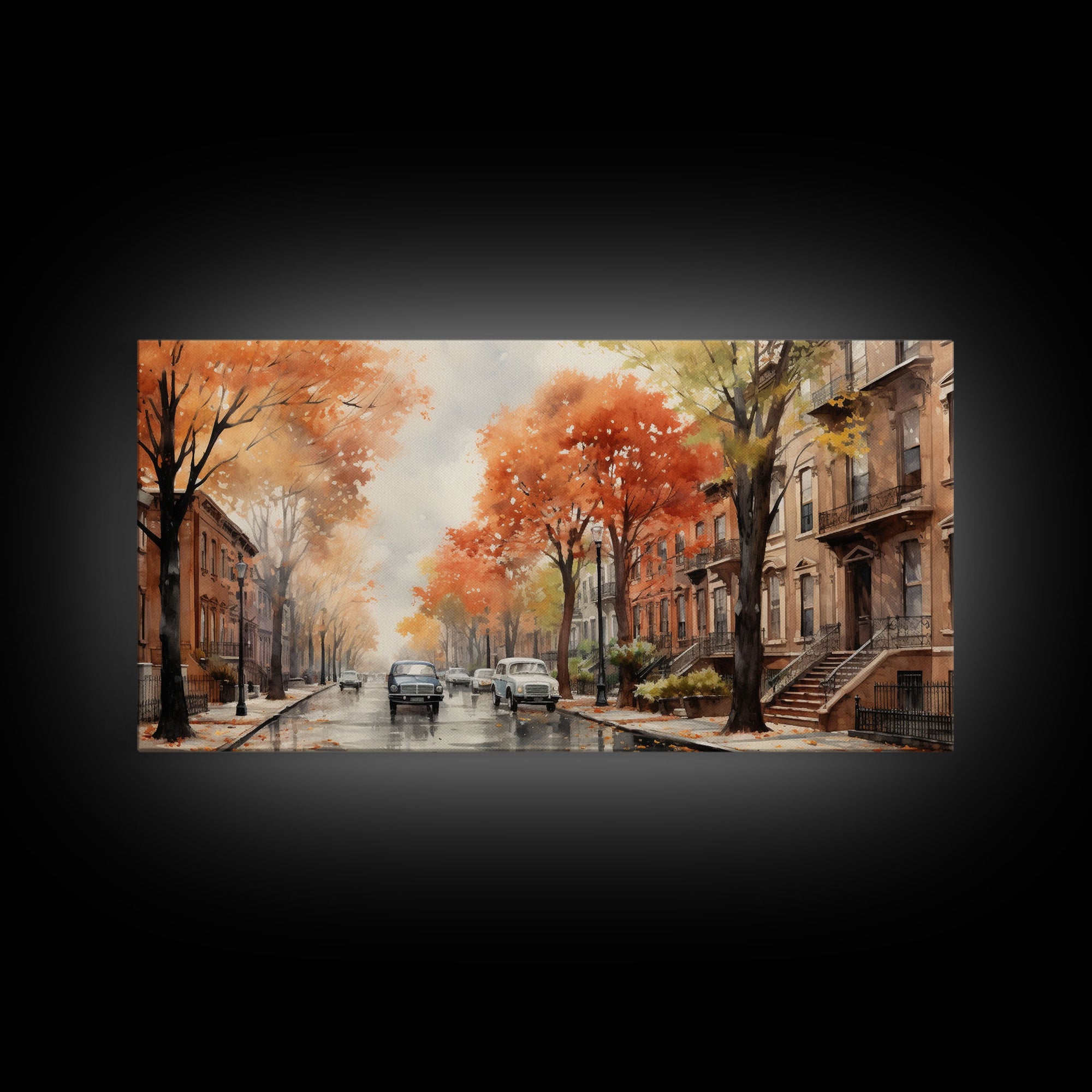 New York City In The Fall, Framed Canvas Print, NYC Decor, Fall Centerpiece, Watercolor Painting, City Painting, Fall Wall Decor