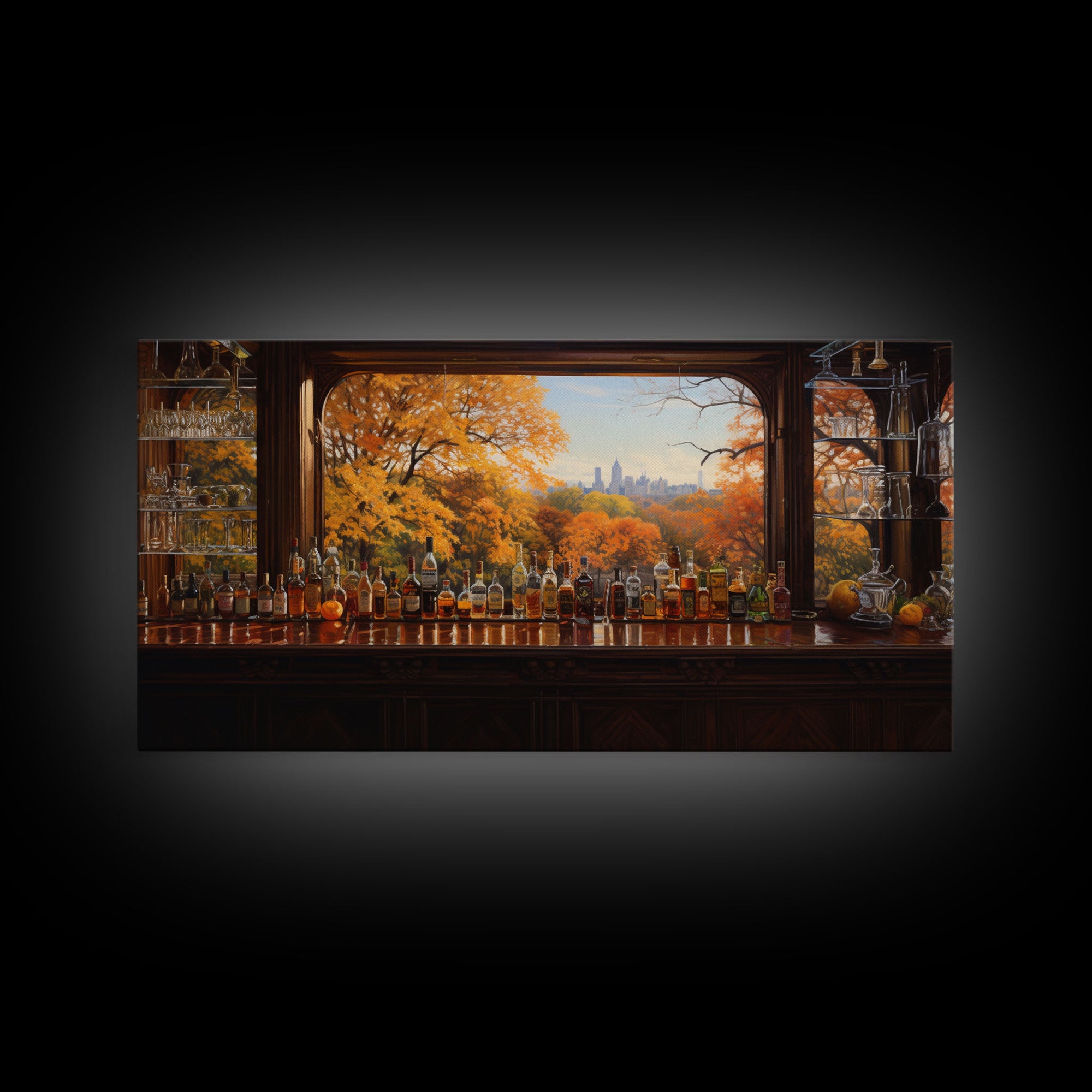 Fall Bar Decor Framed Canvas Print, Oil Painting Of A Vintage Tavern In The Fall, Fall Centerpiece, Fall Decor, Fall Leaves, Bar Cart Art