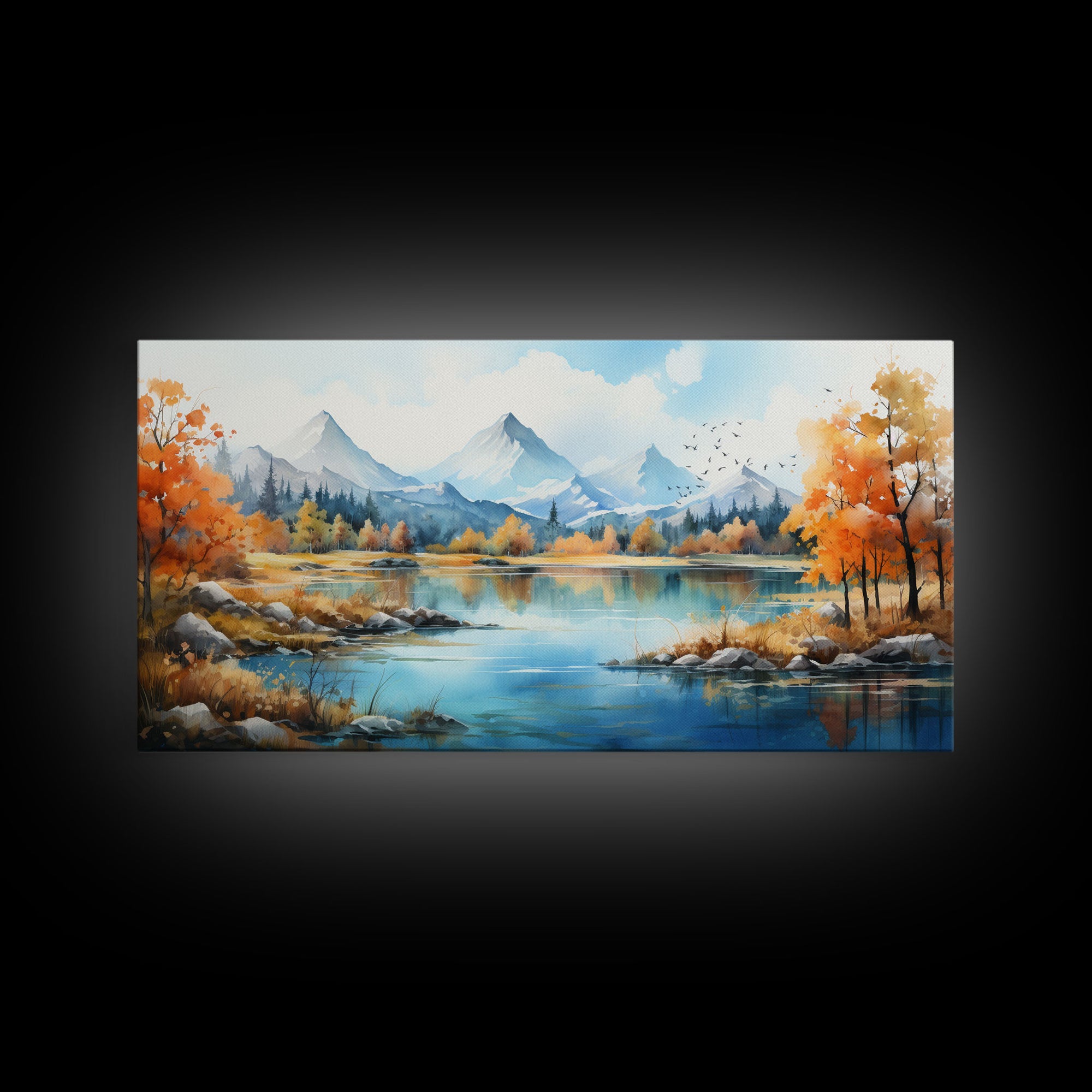 Panoramic Gold Brown Mountain Valley Watercolor Art Print On Canvas, Misty Rolling Hills Landscape Painting, Extra Large Wall Art