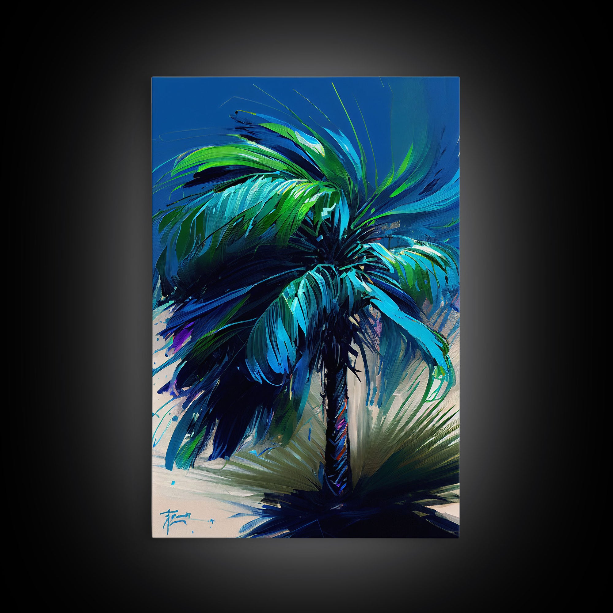 Vibrant Blue and Green Palm Tree Watercolor Canvas Print - Tropical Wall Art Home Decor Artwork