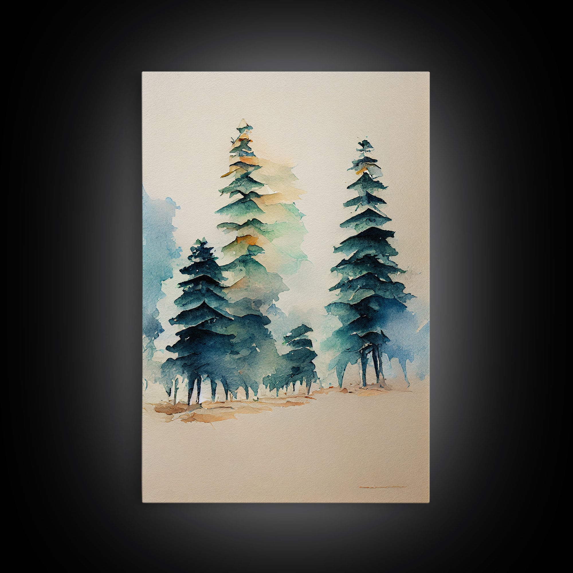 Mysterious Pine Tree Forest Watercolor Canvas Print - Nature Wall Art Home Decor Artwork, Framed Canvas Print