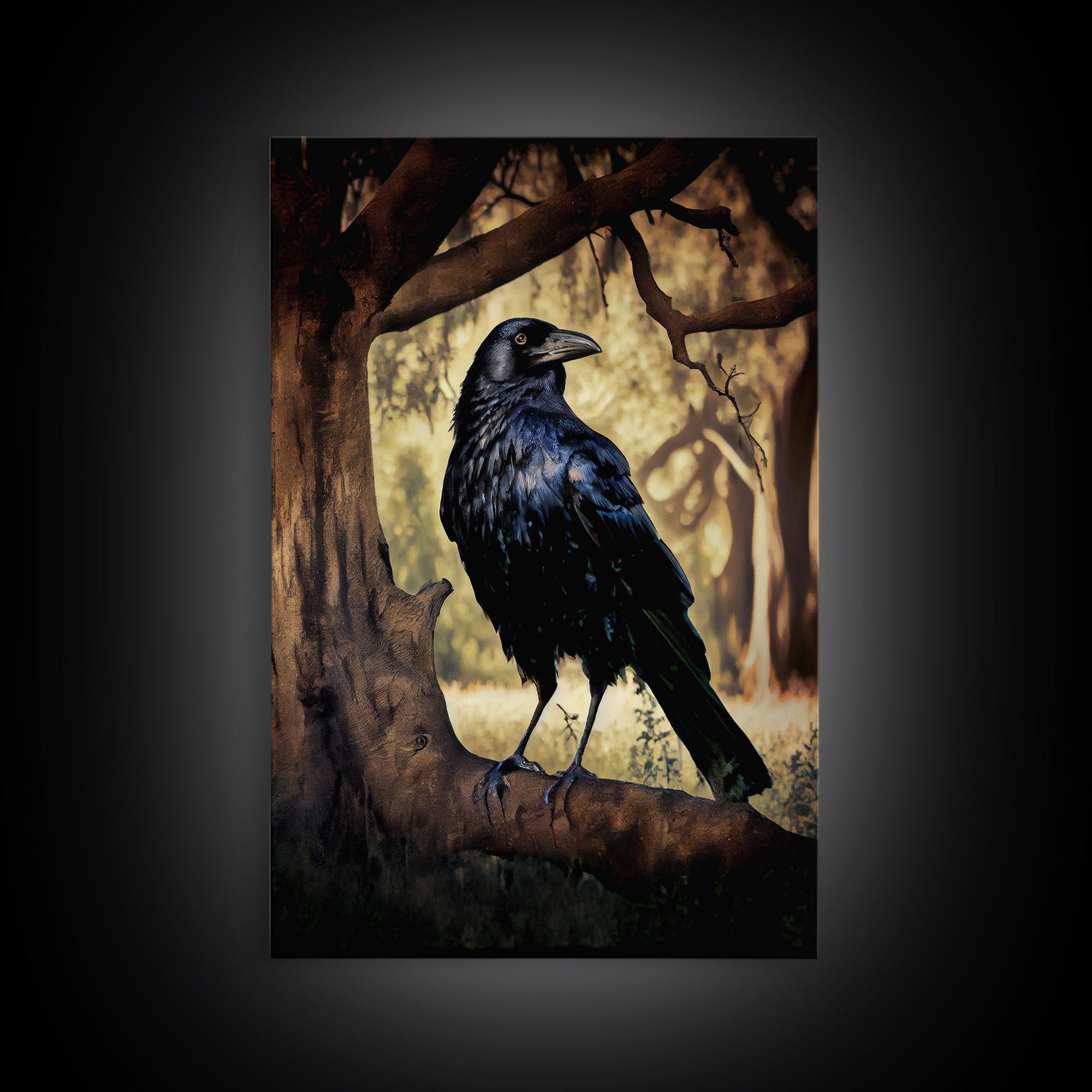 Portrait of a raven, cool crow art, framed canvas print