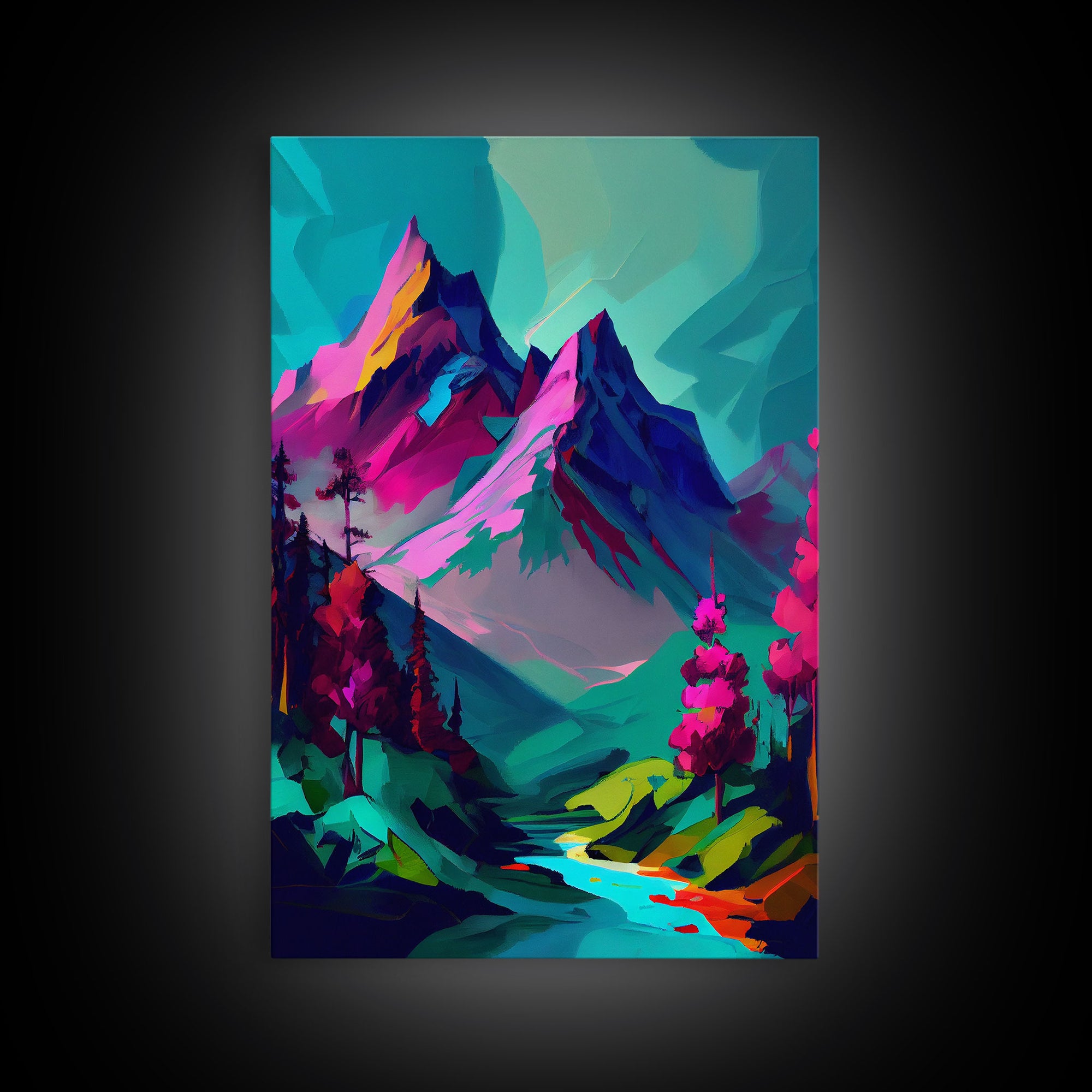 Vibrant Vaporwave Mountain Watercolor Wall Art Canvas Print - Colorful Nature Scene Artwork