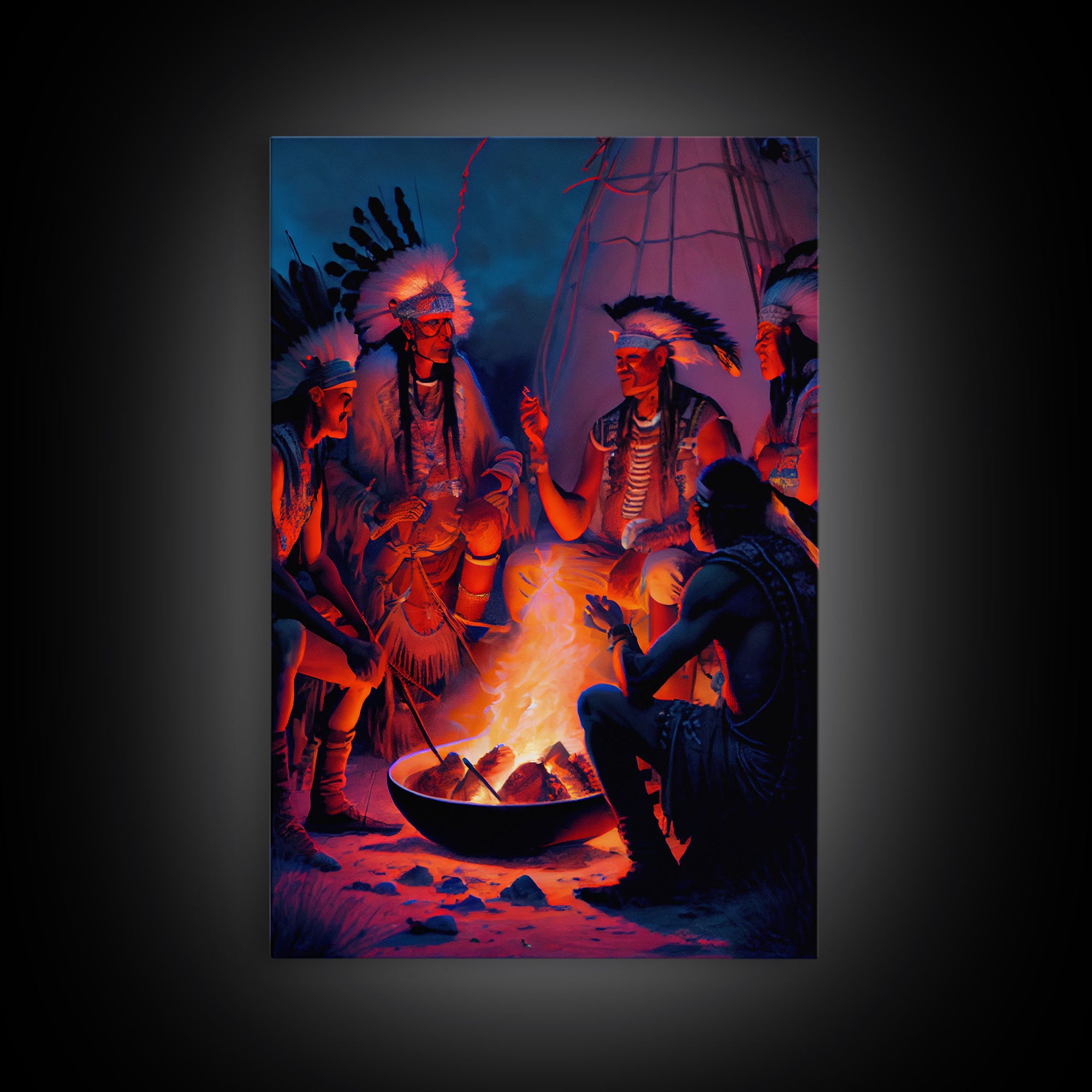 Wild West Decor, framed canvas print, Watercolor of Native Americans enjoying a campfire