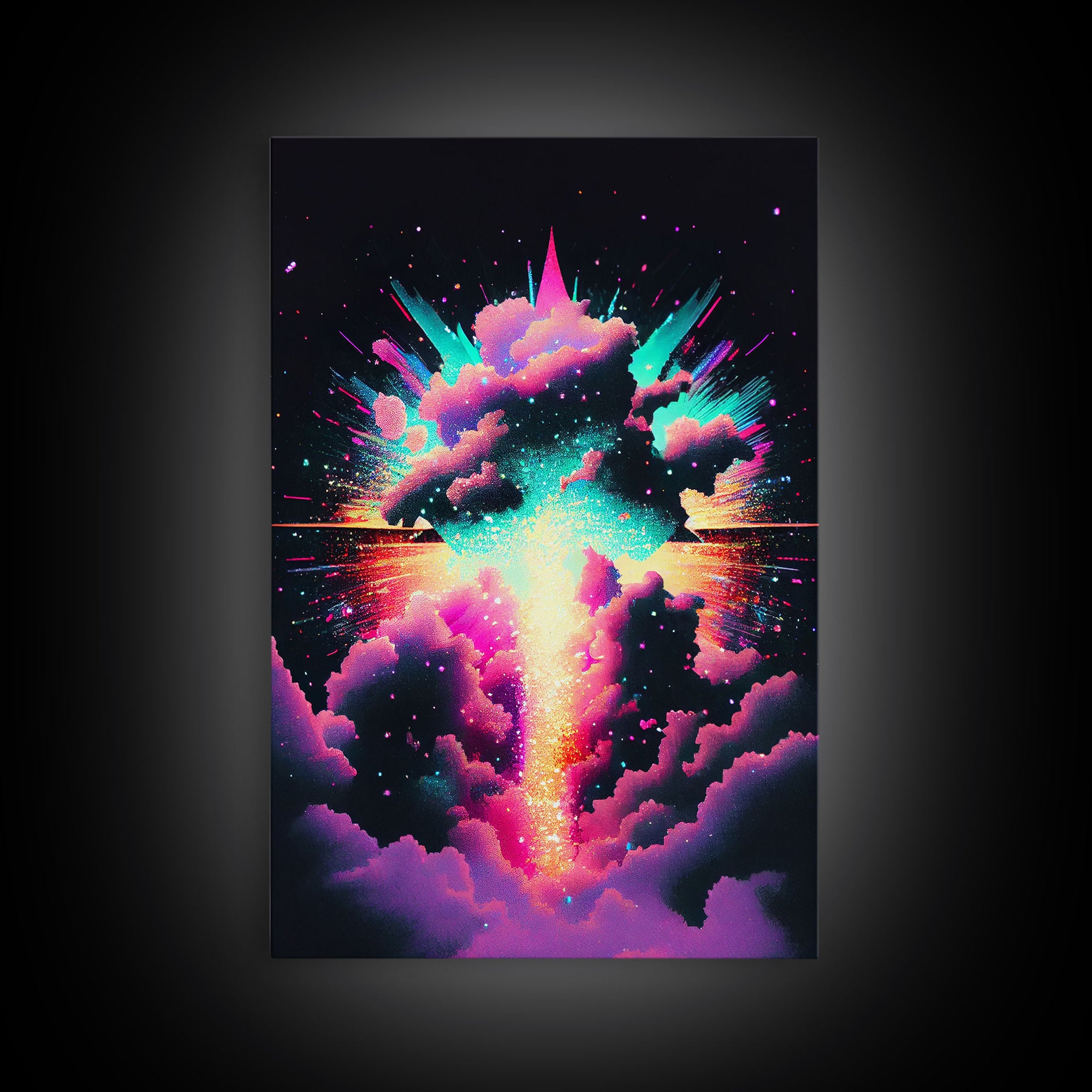 Color Pop Explosion, Vintage style art, framed canvas print, vaporwave aesthetic cloud art