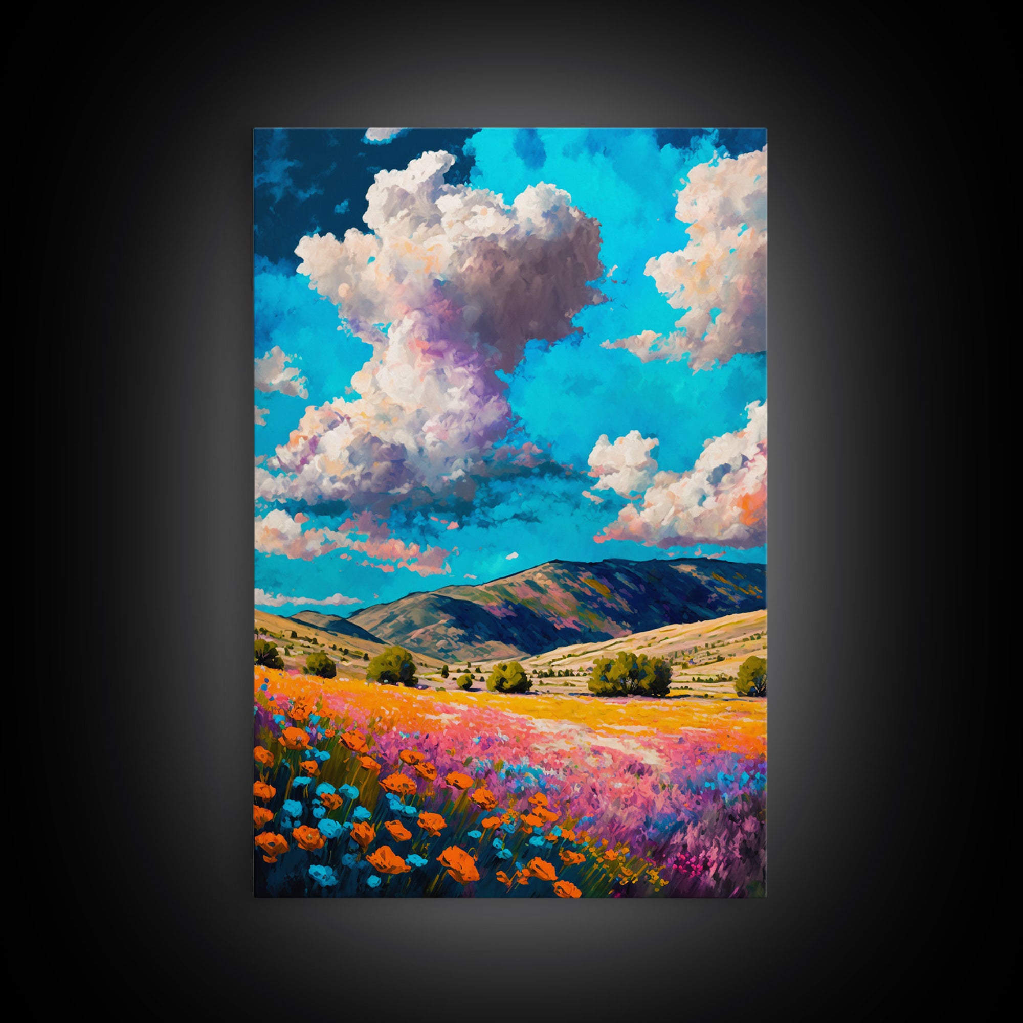 Watercolor Cloudy Day, Fields of Flowers, Framed Canvas Print, Colorful Wall Art, Minimalist Boho Style Wall Art
