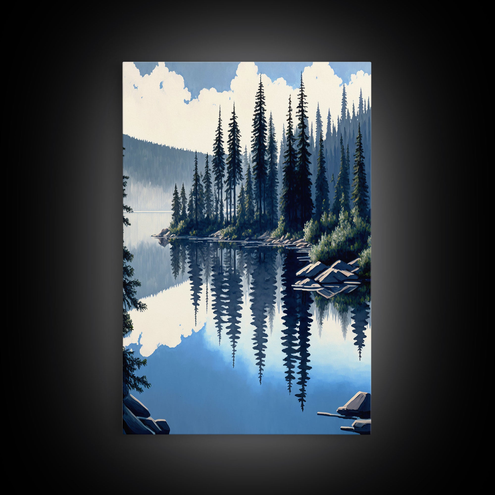 Washington State Pine Tree Forest and Lake Reflection, Framed Canvas print, watercolor painting print, unique living room wall art