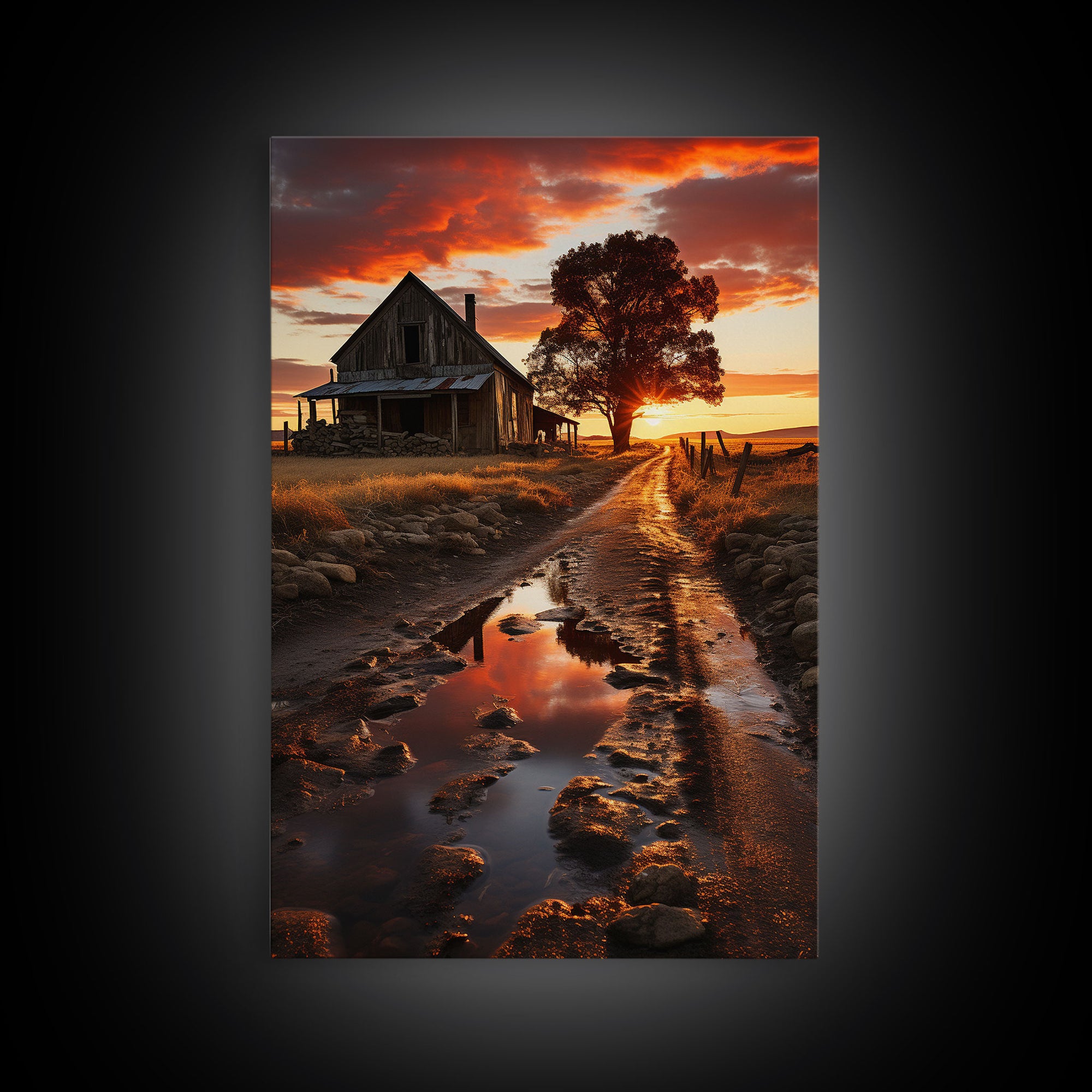 Country Lane Sunset Canvas Print, Country Roads, Dirt Road Art, Primitive Decor