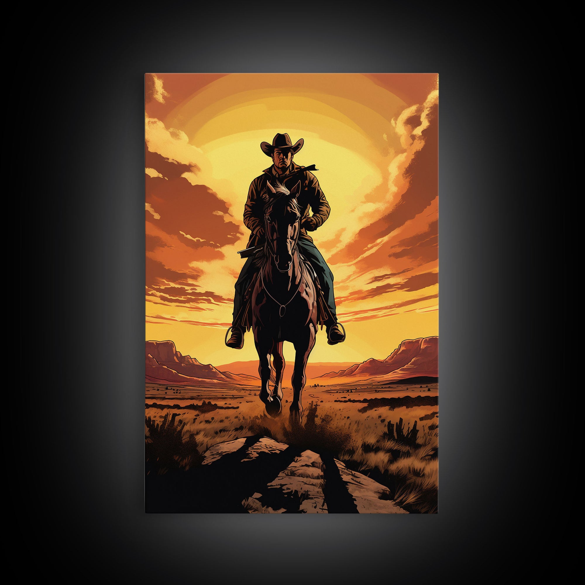 Cowboy Wall Decor, 12x18 Art Print, Equestrian Wall Art, Western Decor, Southwestern Art, Wild West Painting Wall Art, Framed Canvas Print