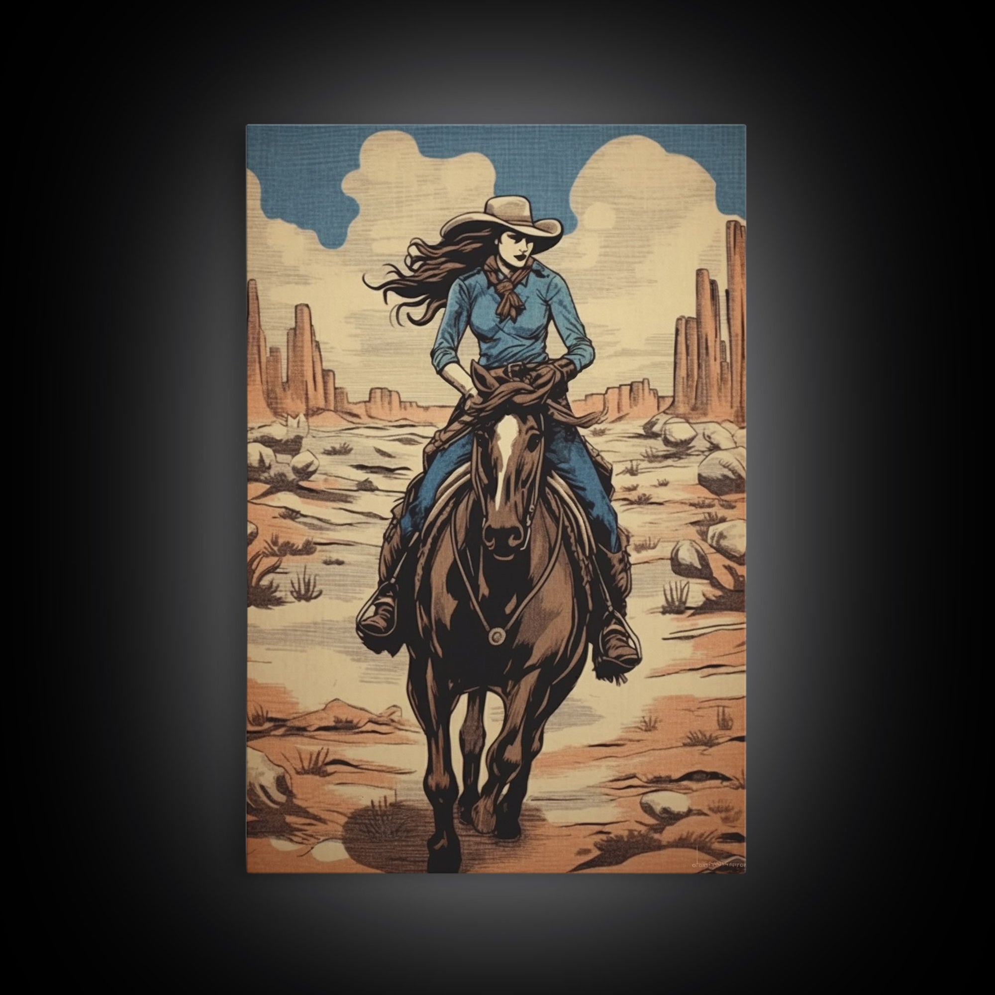 Western Cowgirl Painting Print, Vintage Wall Art, Mid Century Decor, Antique Oil Painting, Moody Print, Western Poster Art